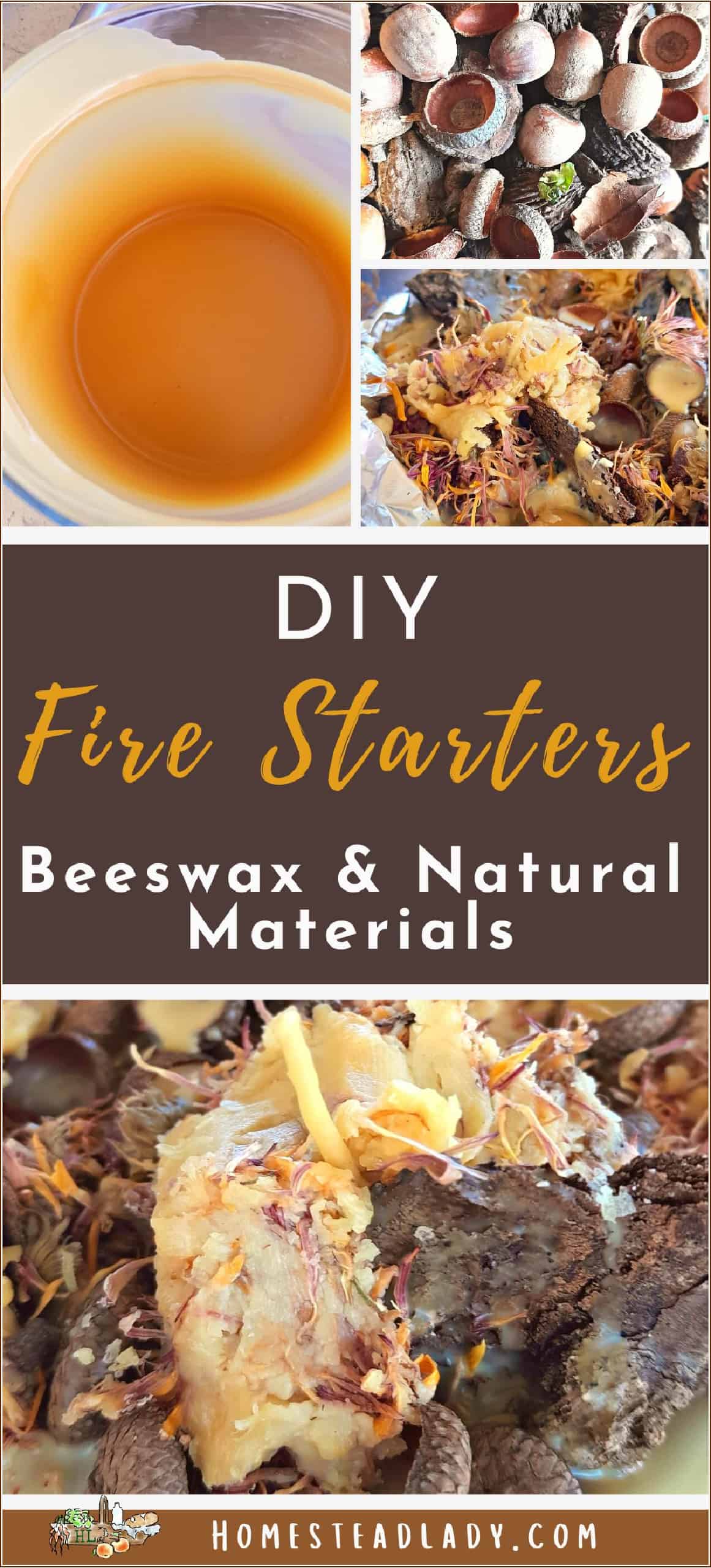 beeswax fire starter with acorn caps and bark