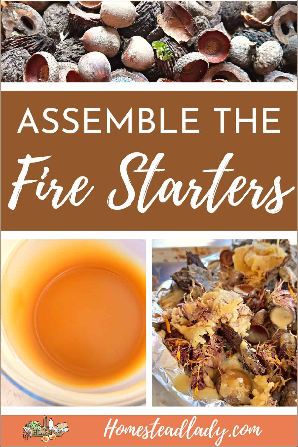 collage of images; beeswax in a container; acorn caps; beeswax fire starter