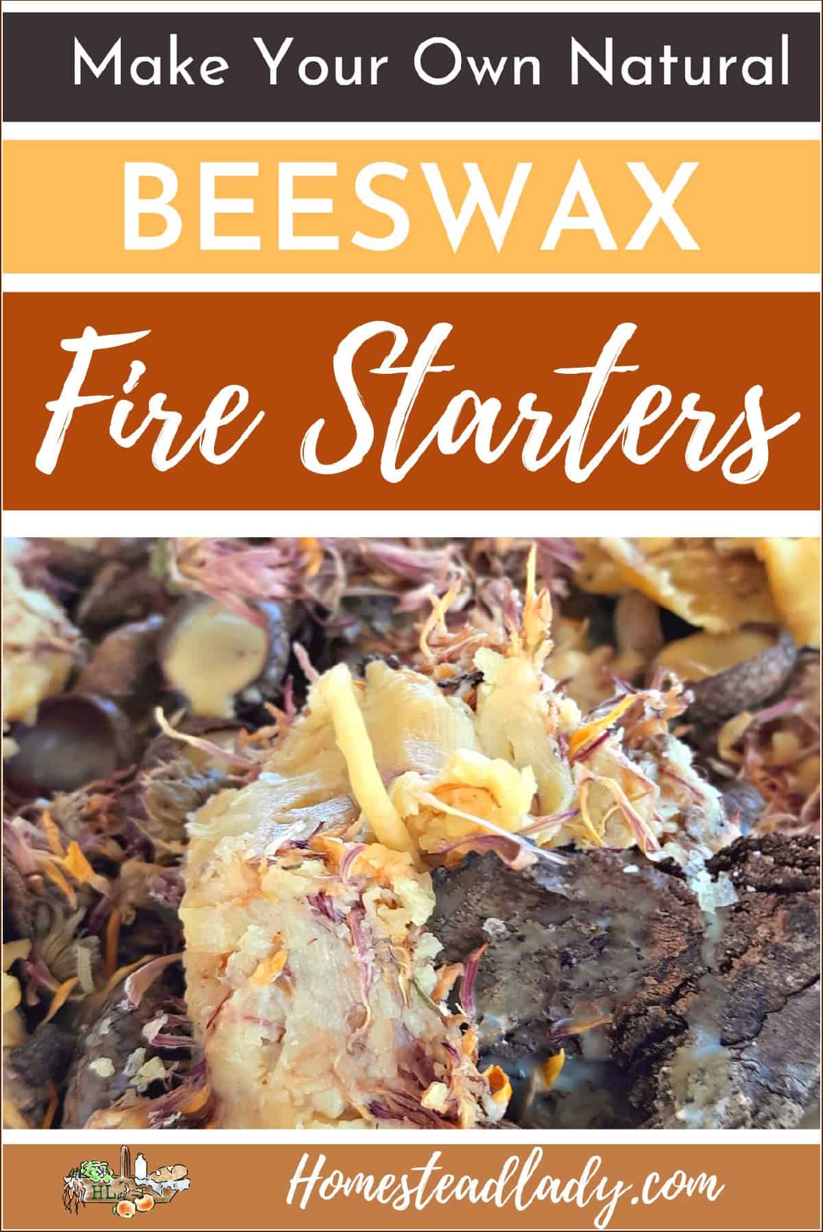 beeswax fire starter with acorn caps and bark