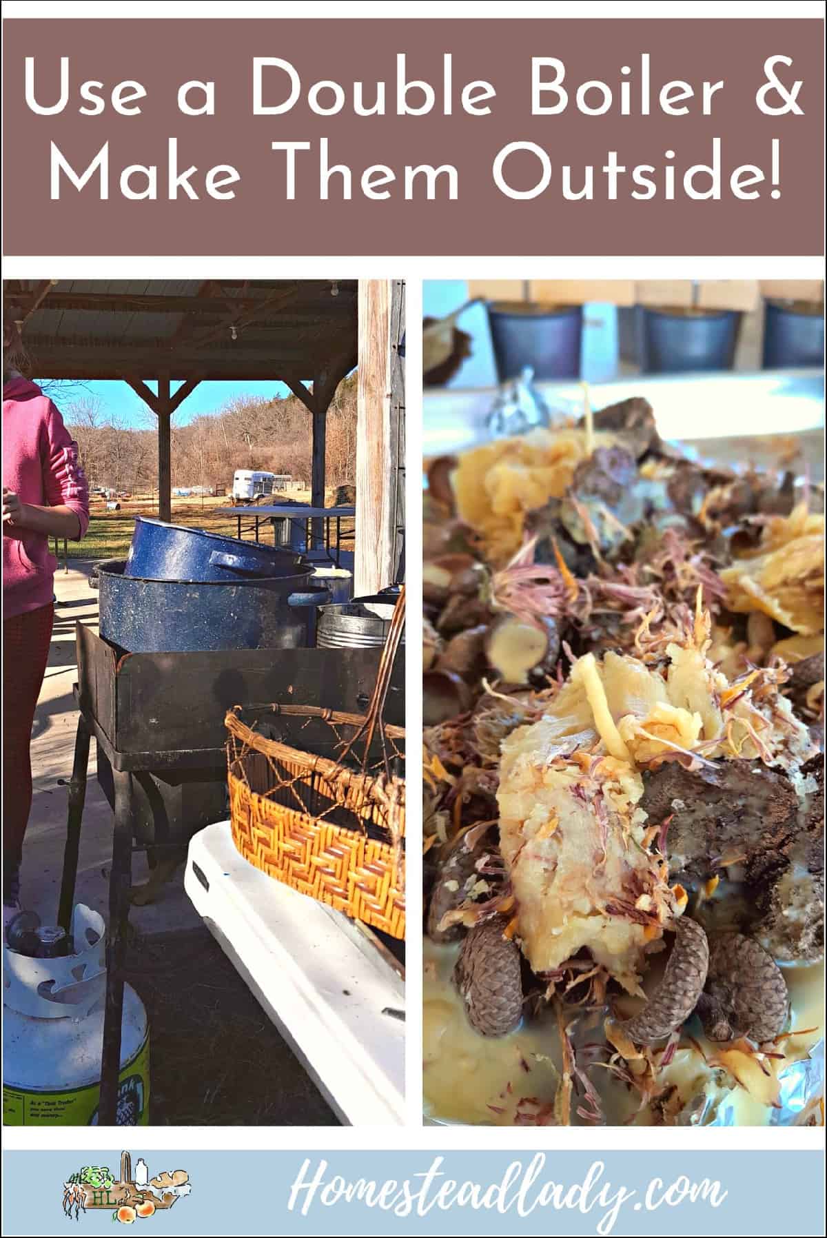 collage image of double boiler on outdoor stove and beeswax firestarter 