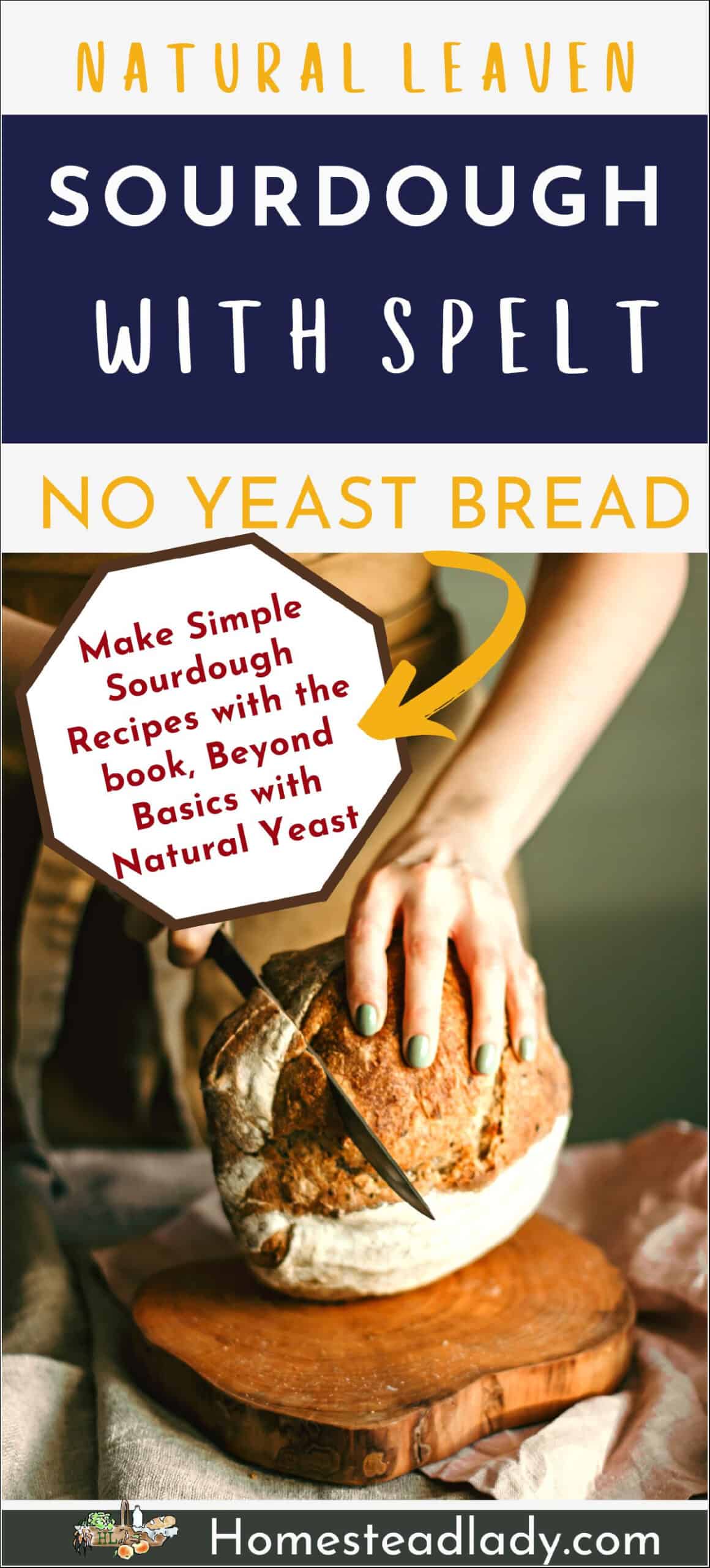 woman cutting a round sourdough spelt loaf on a wooden table