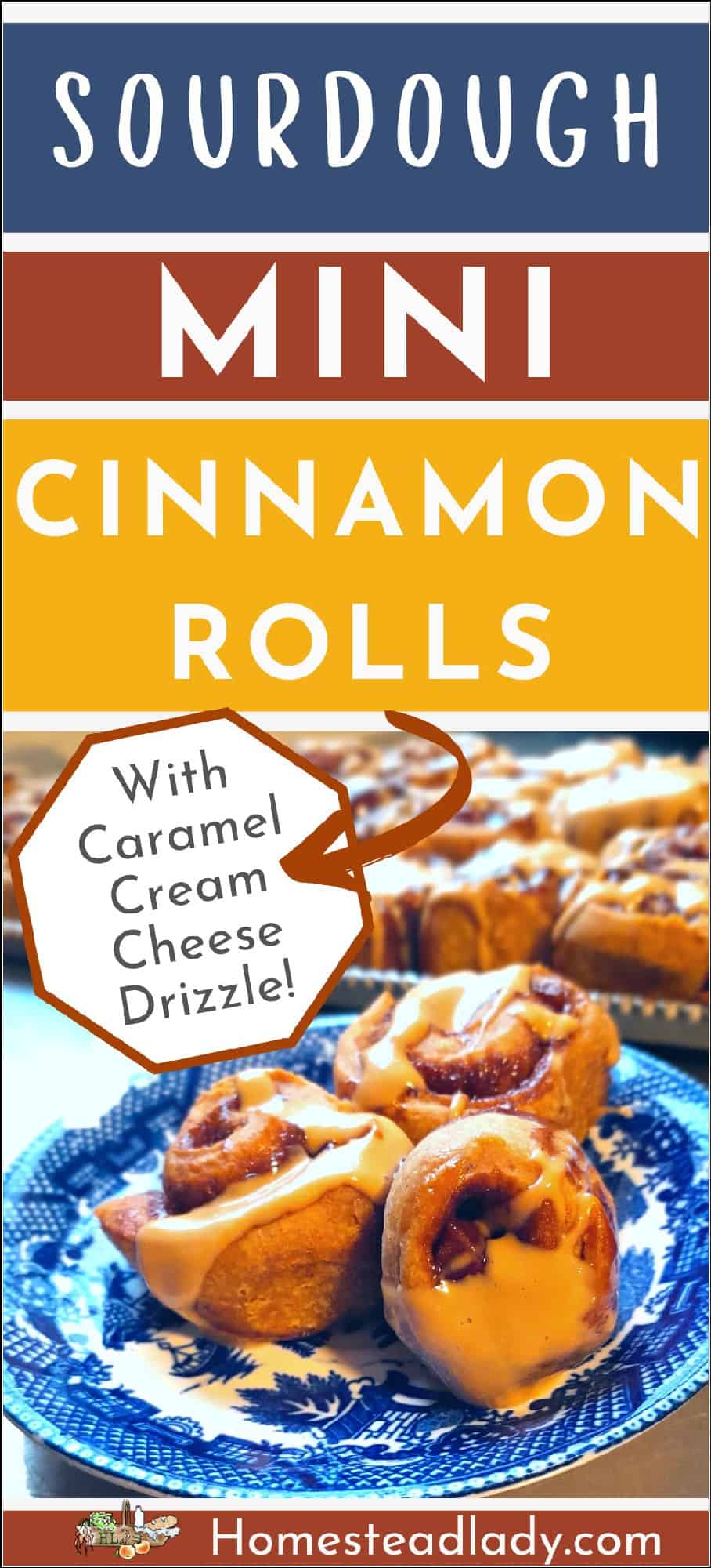 mini sourdough cinnamon rolls with cream cheese glaze on a blue plate