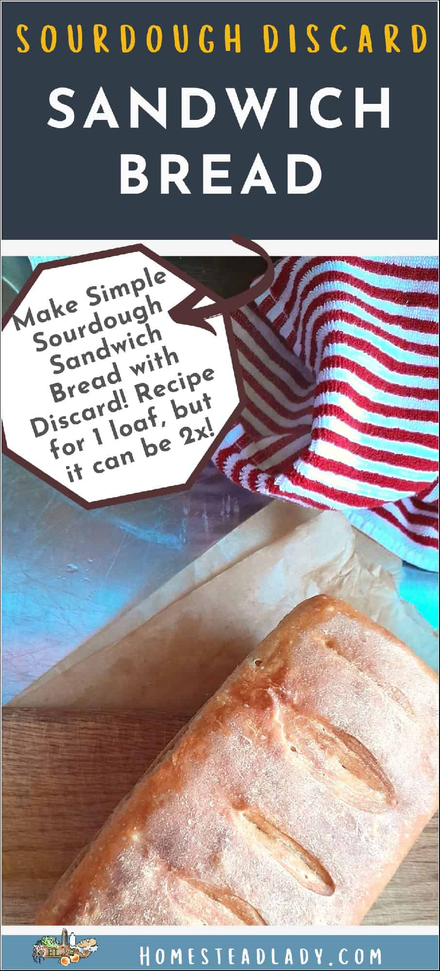 sourdough discard sandwich loaf on a cutting board with a red and white striped towel