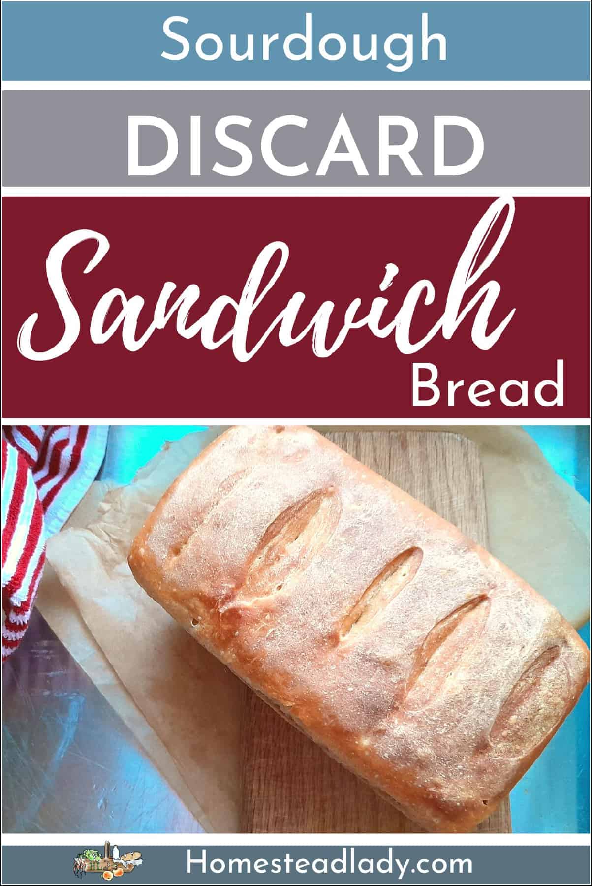 sourdough discard sandwich loaf on a cutting board with a red and white striped towel and knife