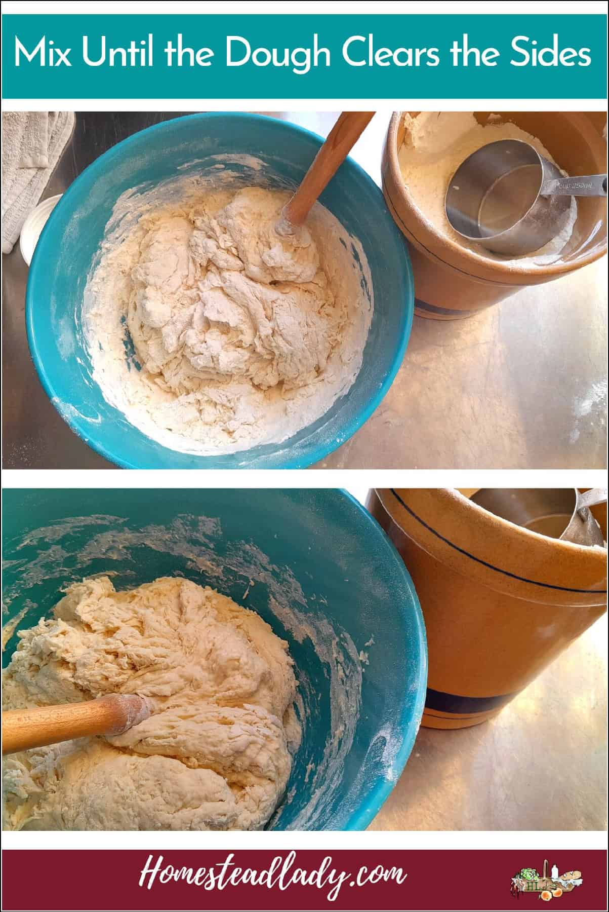 sourdough bread dough in various stages of mixing in a bowl