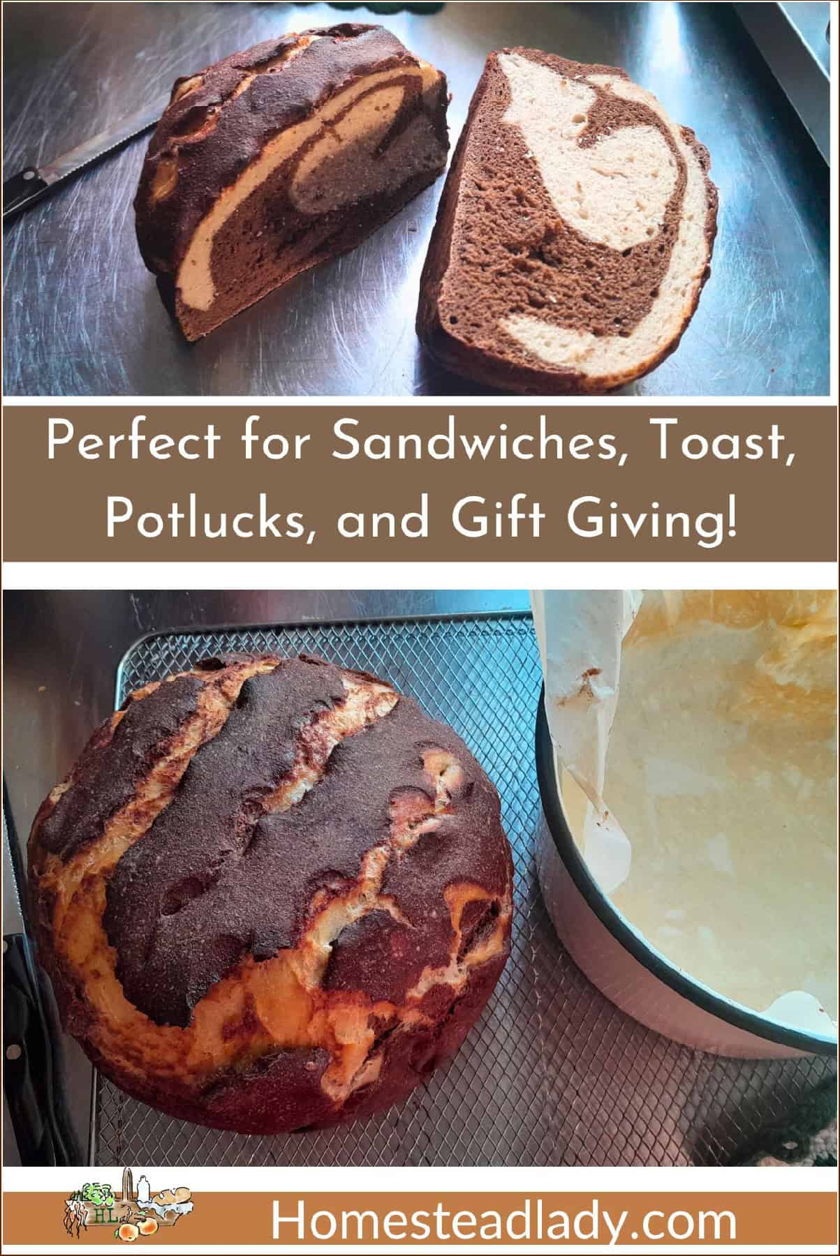 sourdough marble rye bread loaves, one cut in half