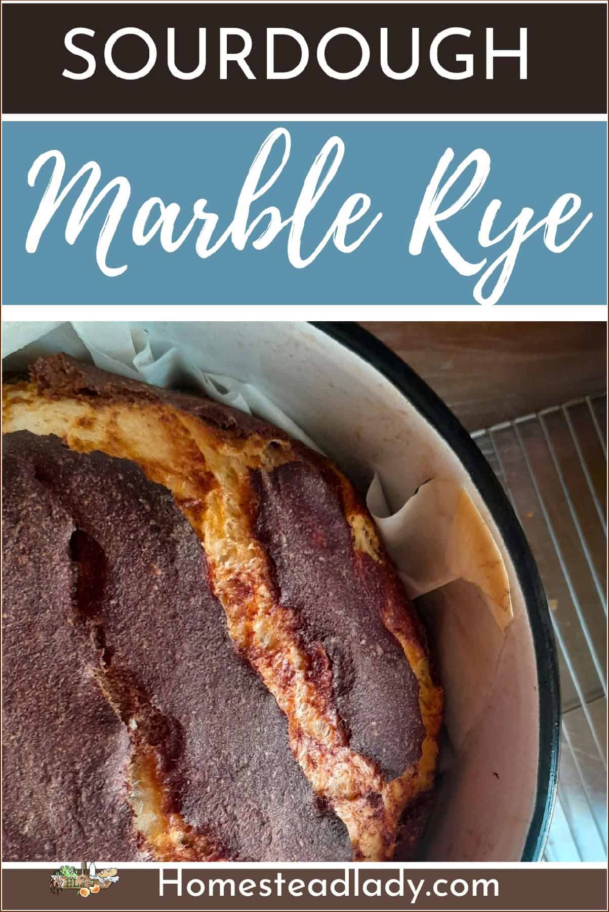 sourdough marble rye bread in a white pot