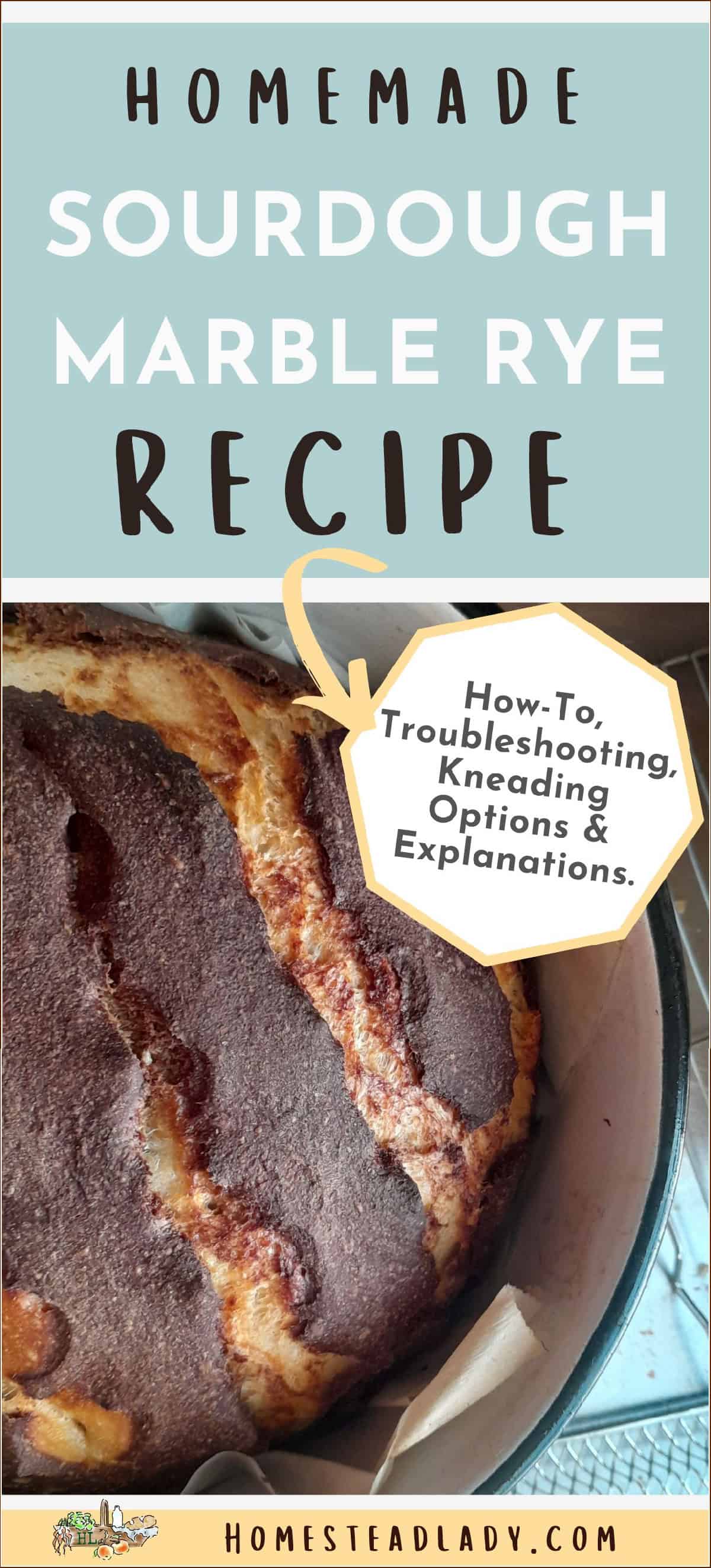 sourdough marble rye round loaf in a white pot