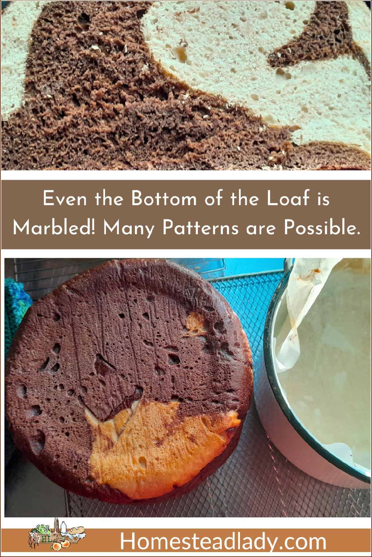 sourdough marble rye loaf bread with swirl on bottom and inside