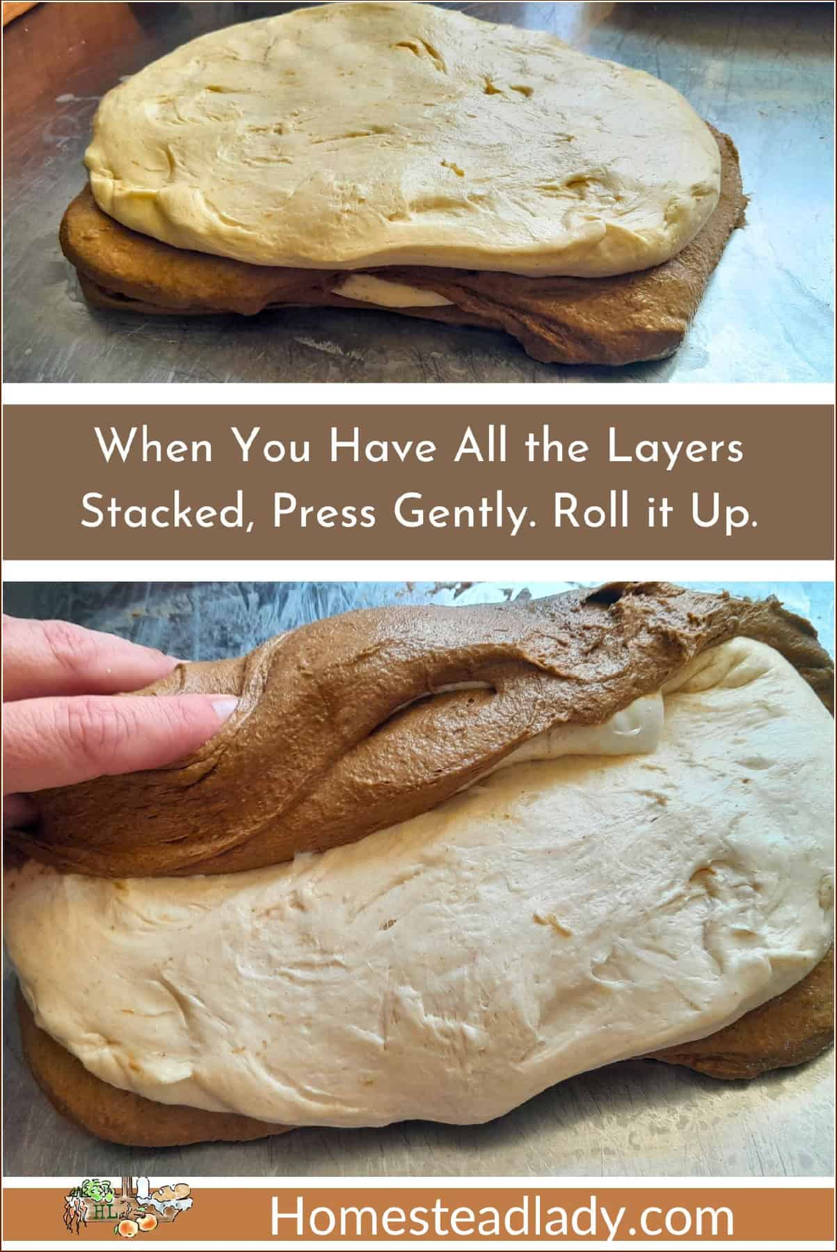 sourdough marble rye bread dough stacked and rolled on a table