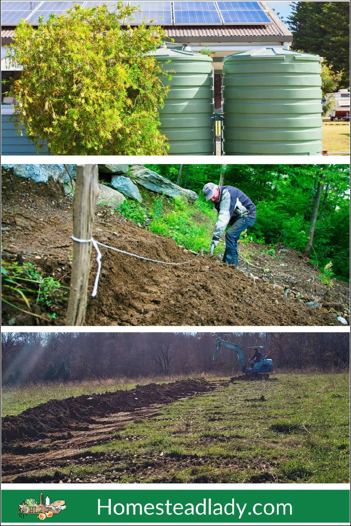 water tanks; cutting a trench; cutting a swale