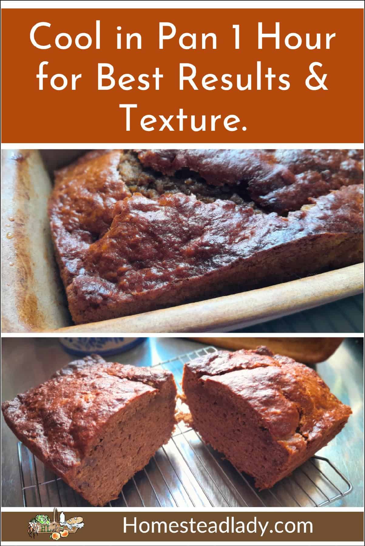 sourdough banana bread in a pan, and on a metal table