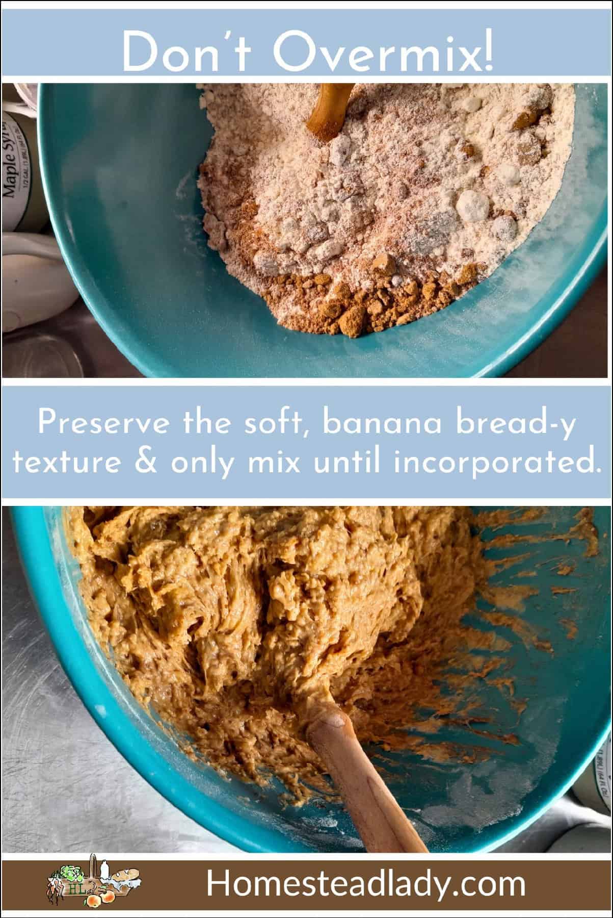 sourdough banana bread contents in a blue mixing bowl; finished sourdough banana bread loaf on a table.