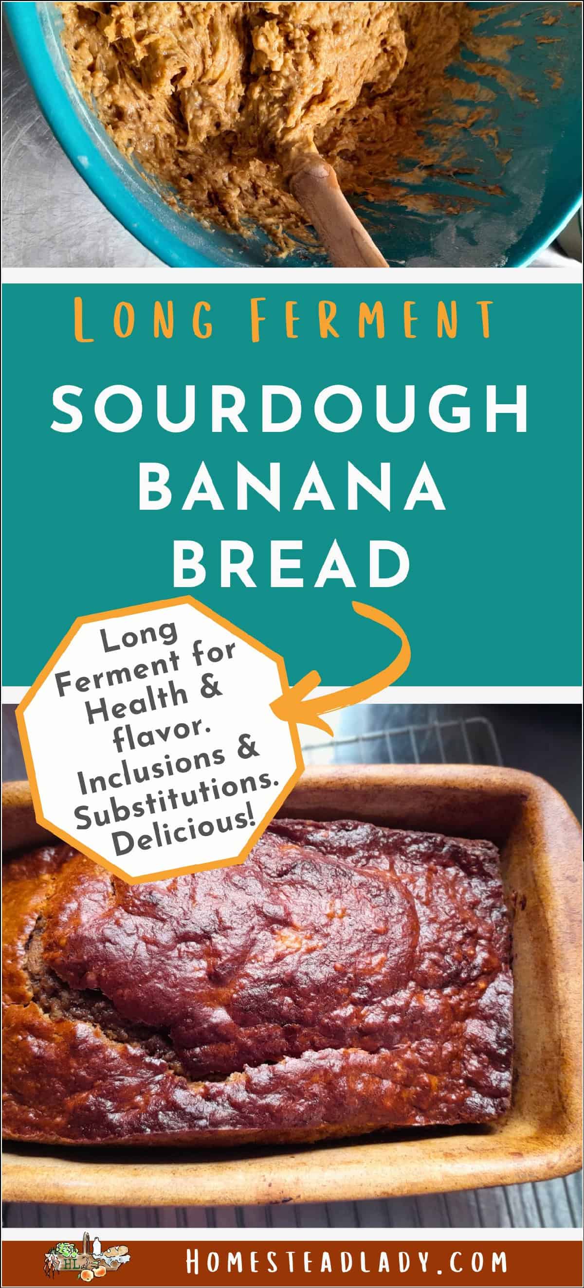 sourdough banana bread in a pan on a cooling rack