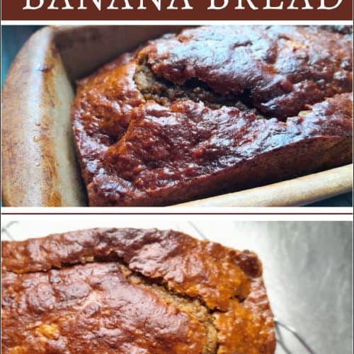sourdough banana bread loaf in a pan and on a metal table