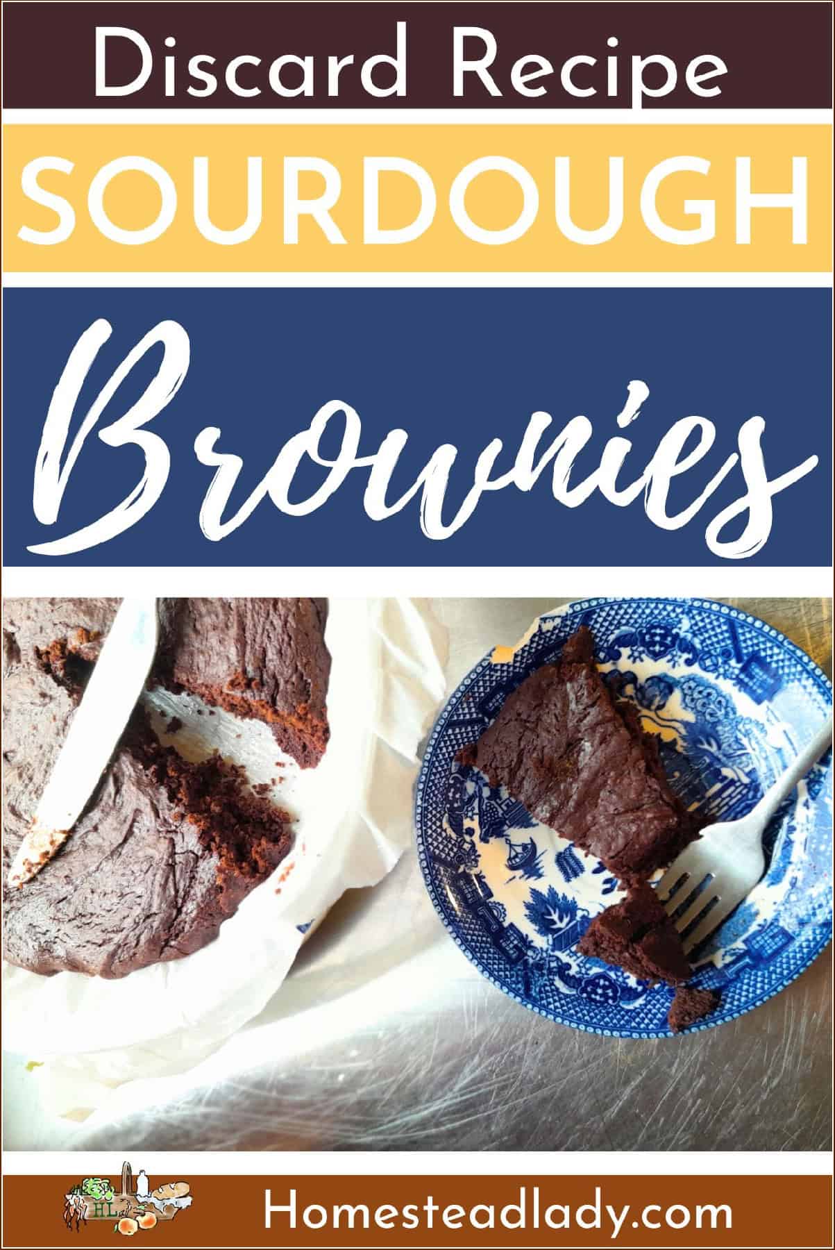 sourdough brownie wedge on a blue plate with a pan of brownies