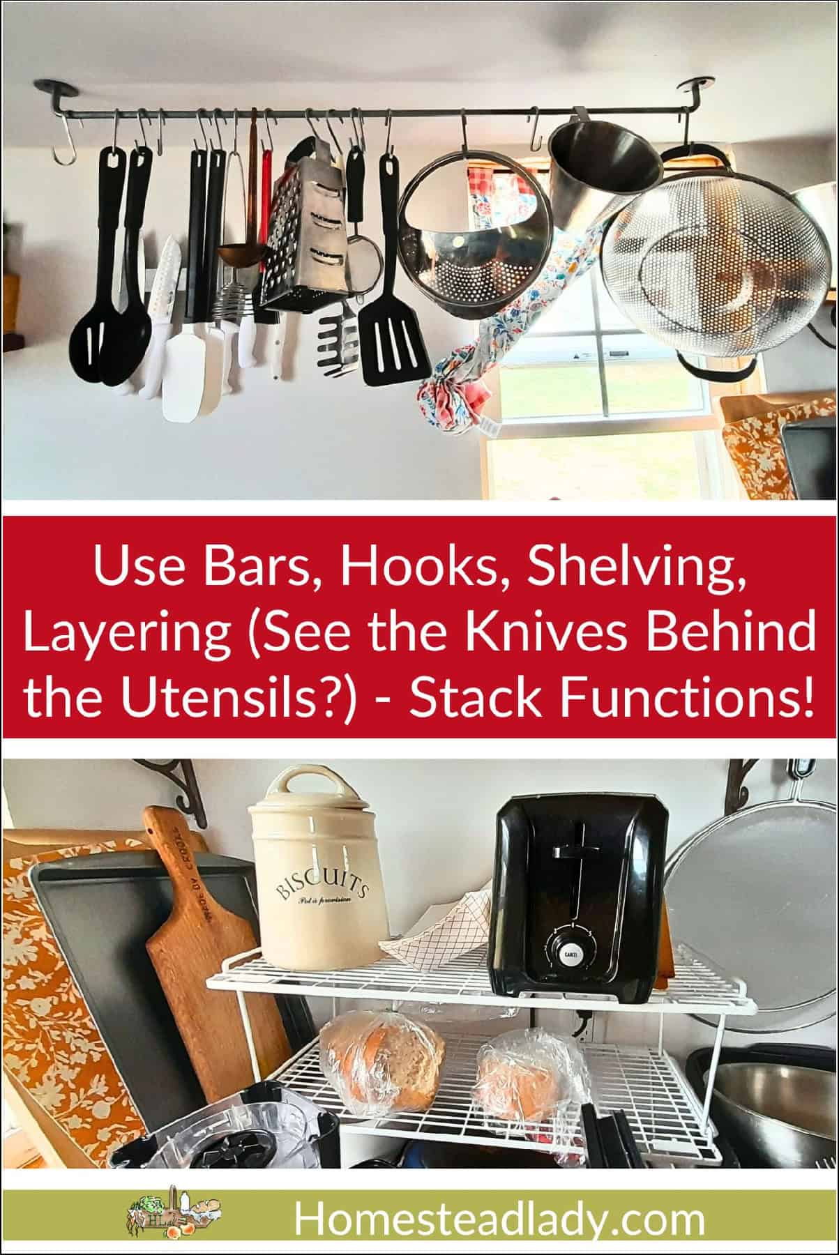 Hanging utensils and stacked appliances