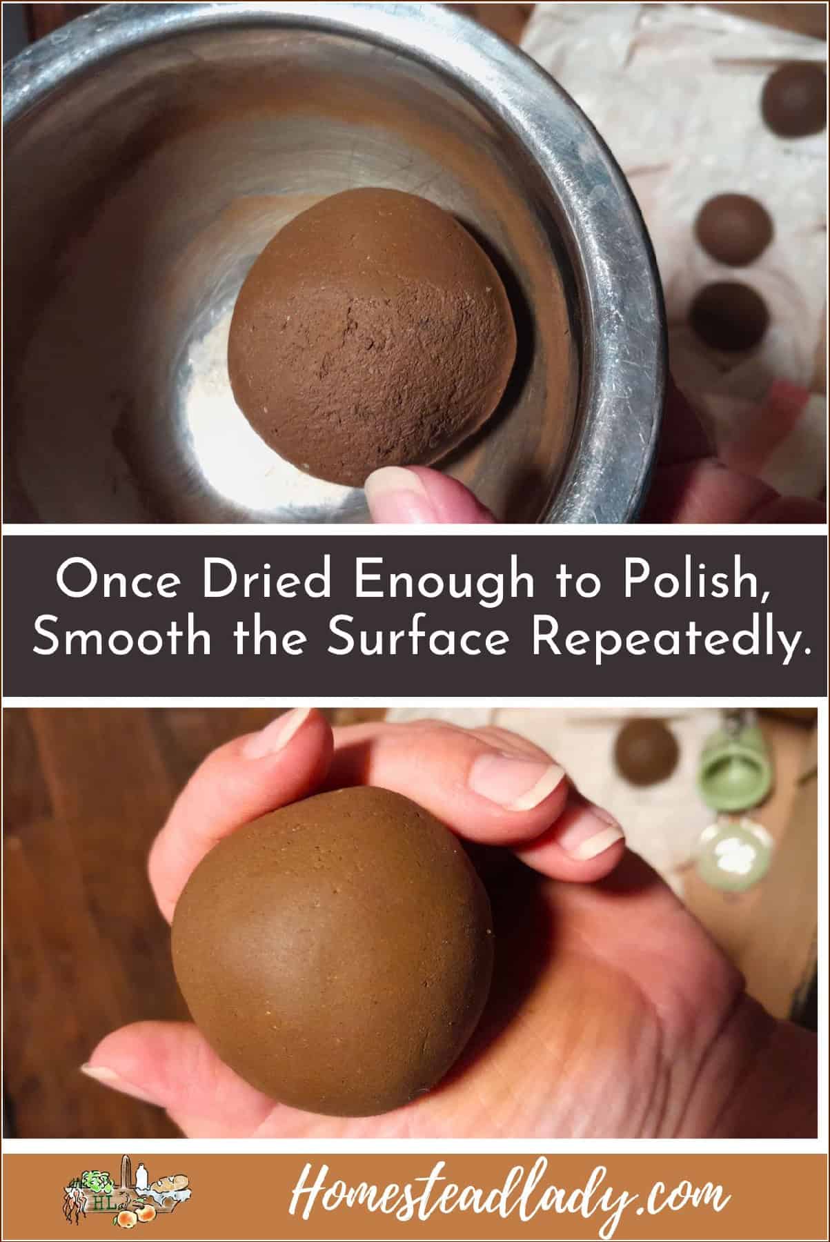 clay ball in a bowl; new dorodango ball in a hand