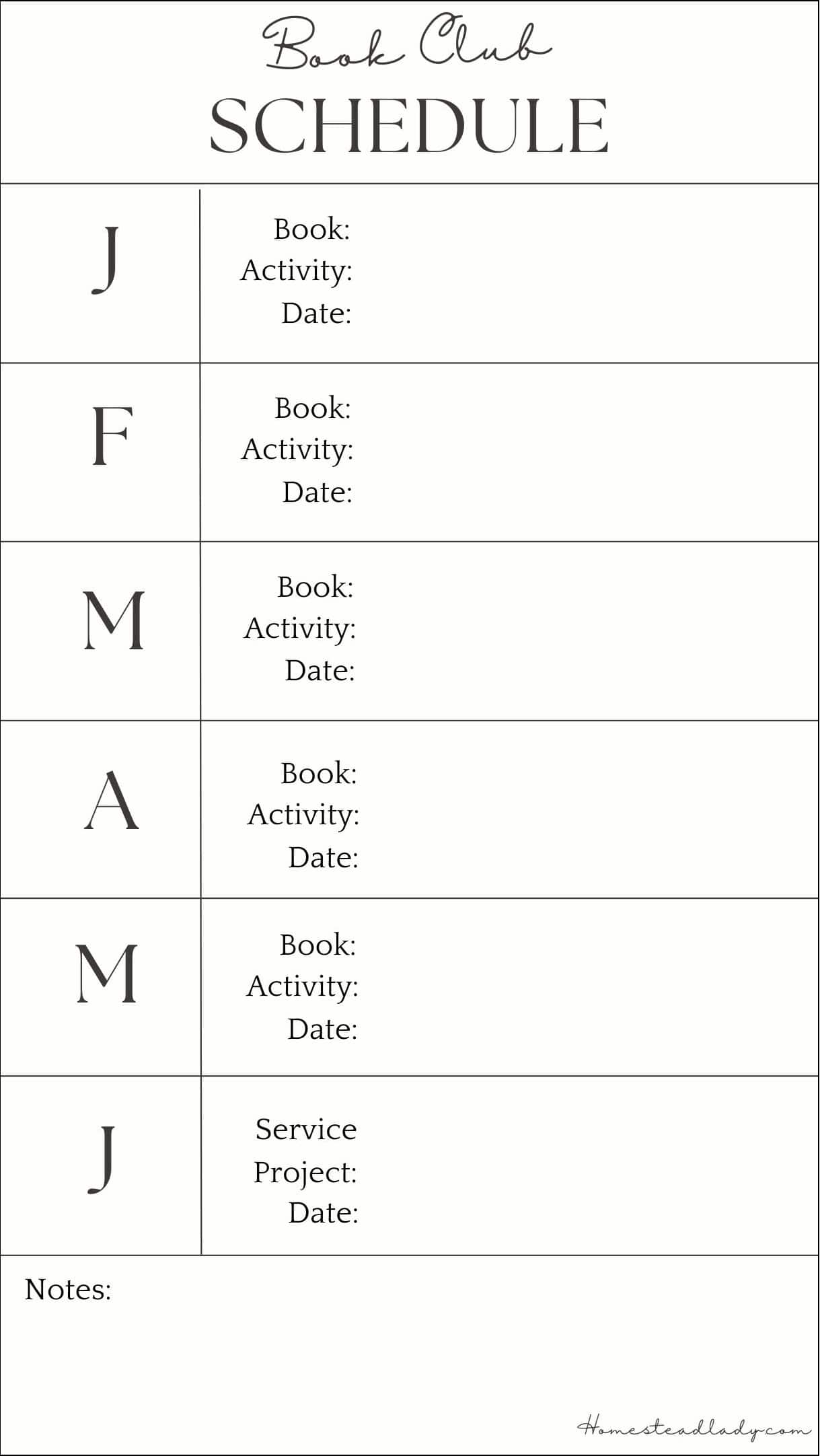 book club calendar sheet