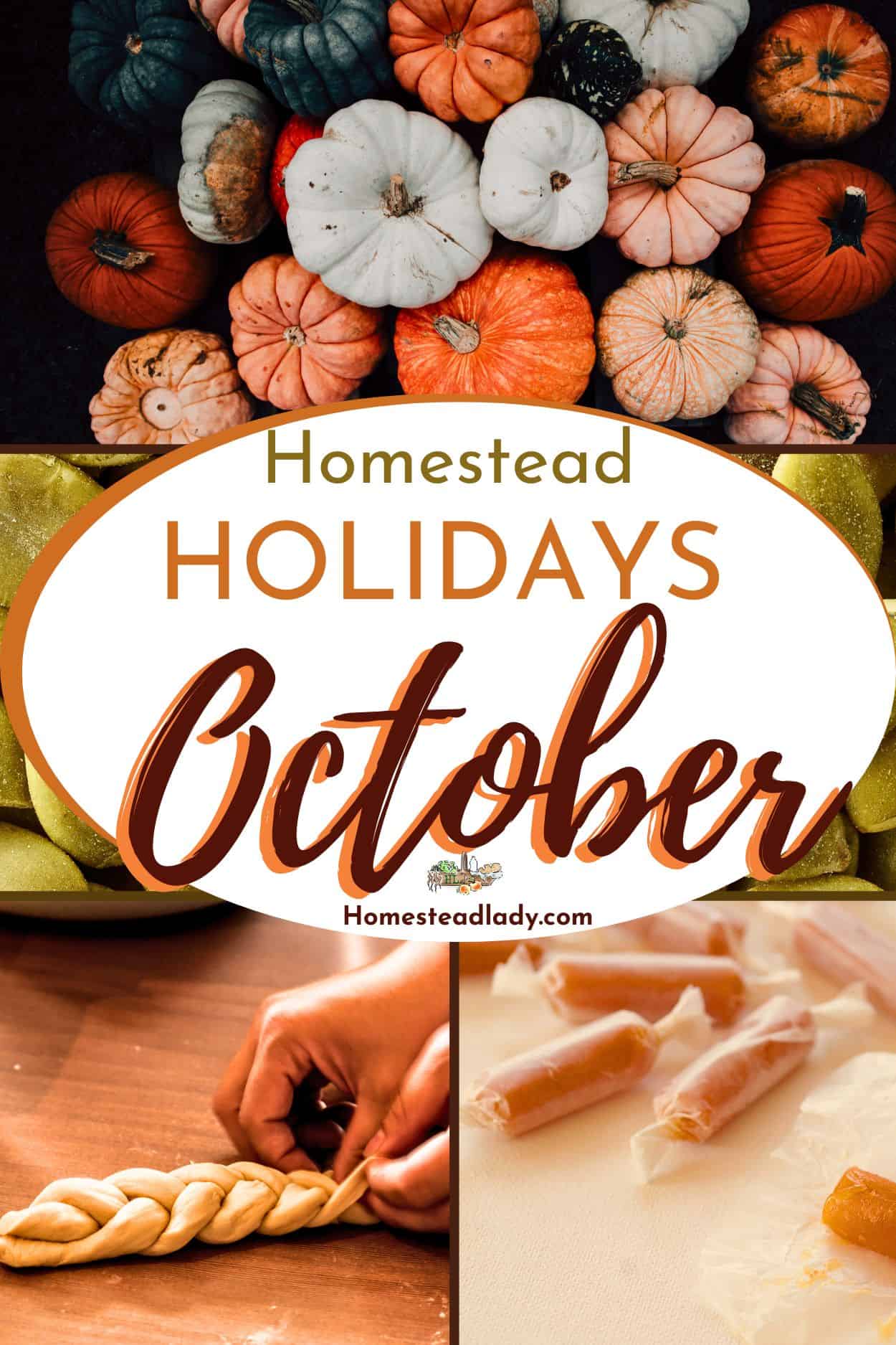 collage of October images - pumpkin seeds, colored pumpkins, challah being made, homemade caramels.