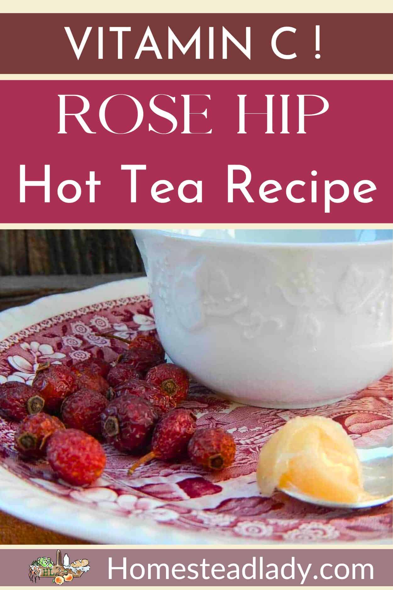 rose hips and honey on a plate with a cup of rosehip tea