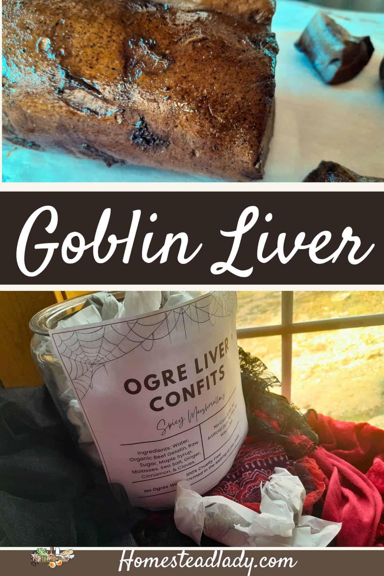 silly Halloween treats, goblin liver marshmallows, on a board; candy wrapped in a jar