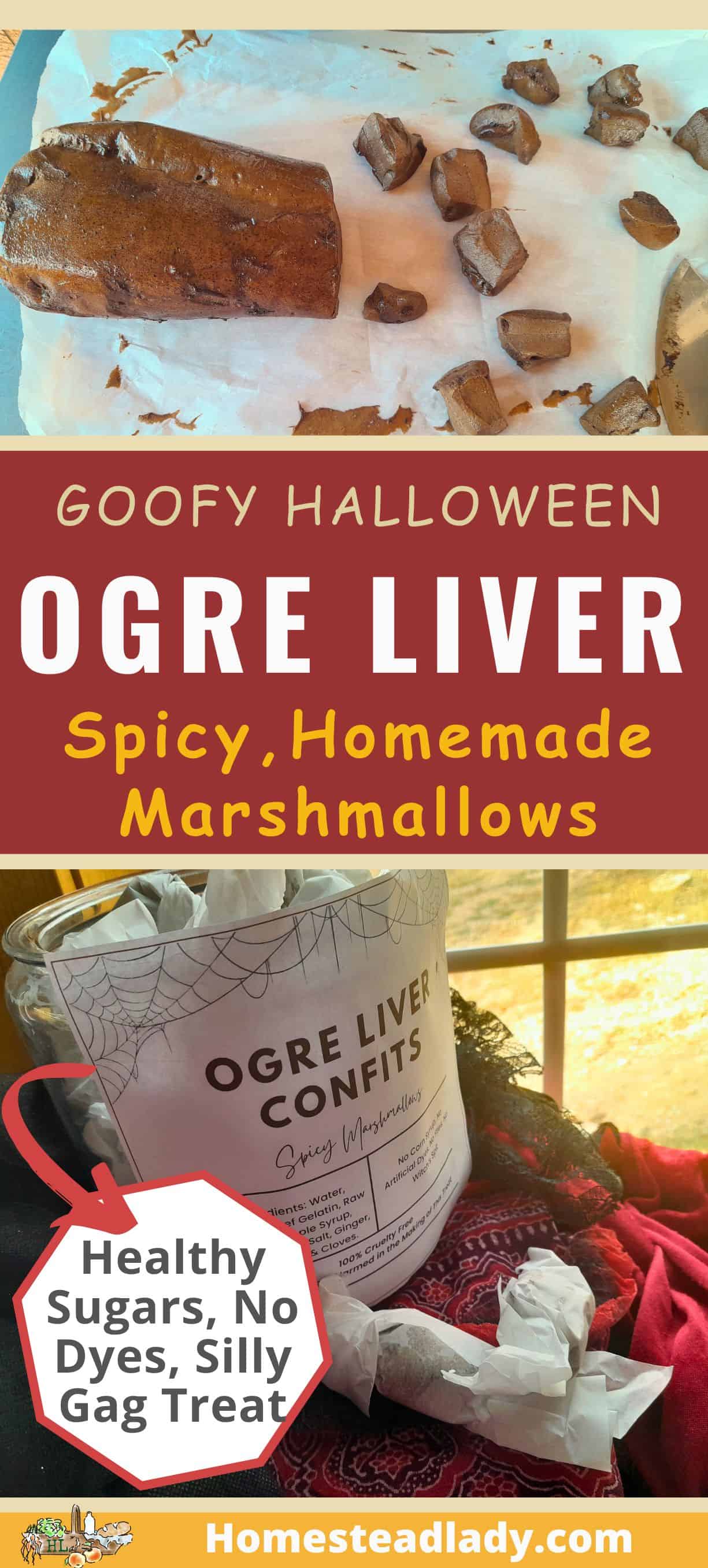 silly Halloween treats, ogre liver marshmallows, in a container with red fabric; on a table