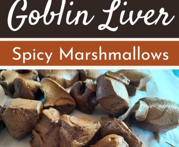 silly Halloween treat of "Ogre Heart" gingerbread marshmallows on a table