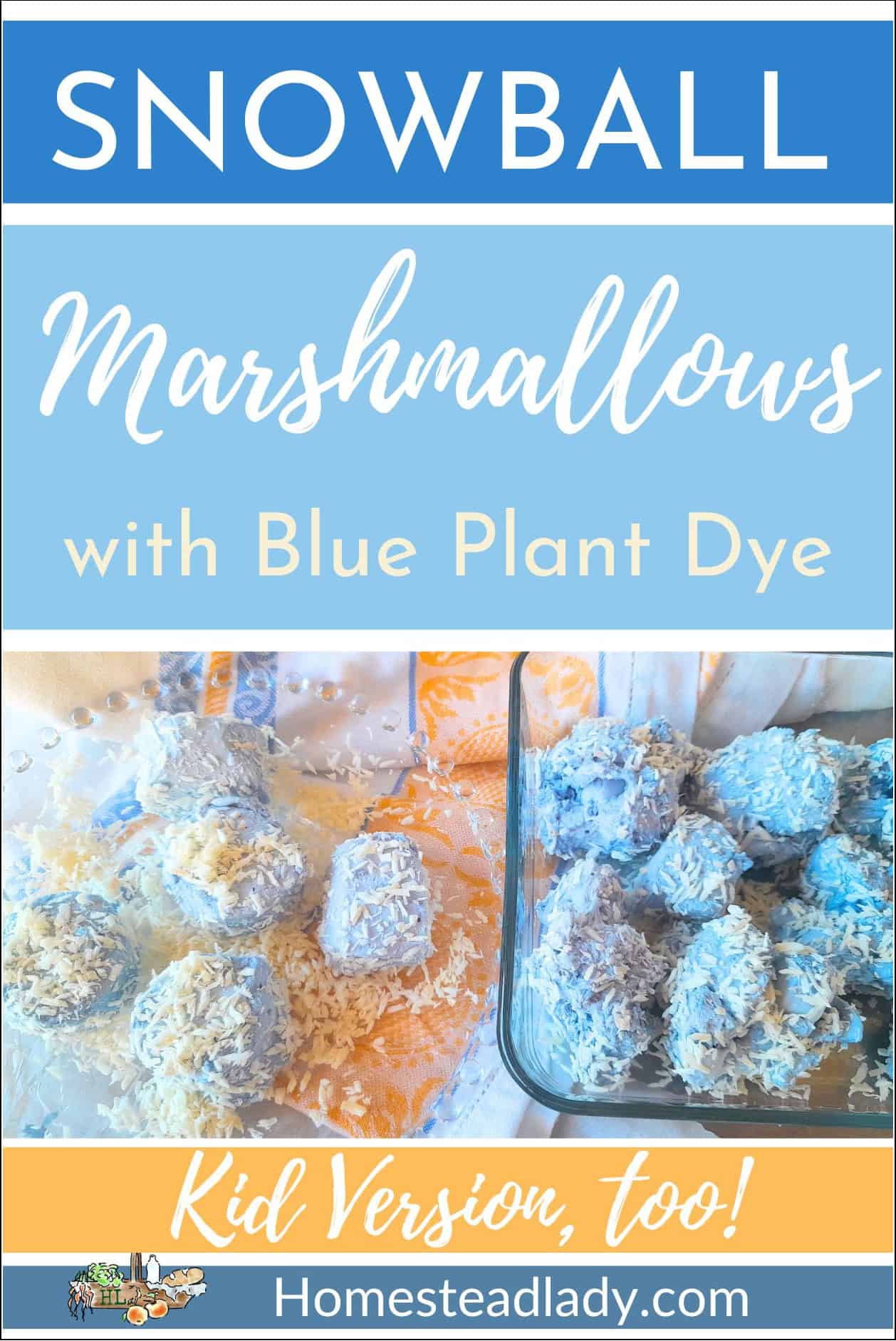 snowball marshmallows with blue plant dye rolled in coconut sitting on a plate