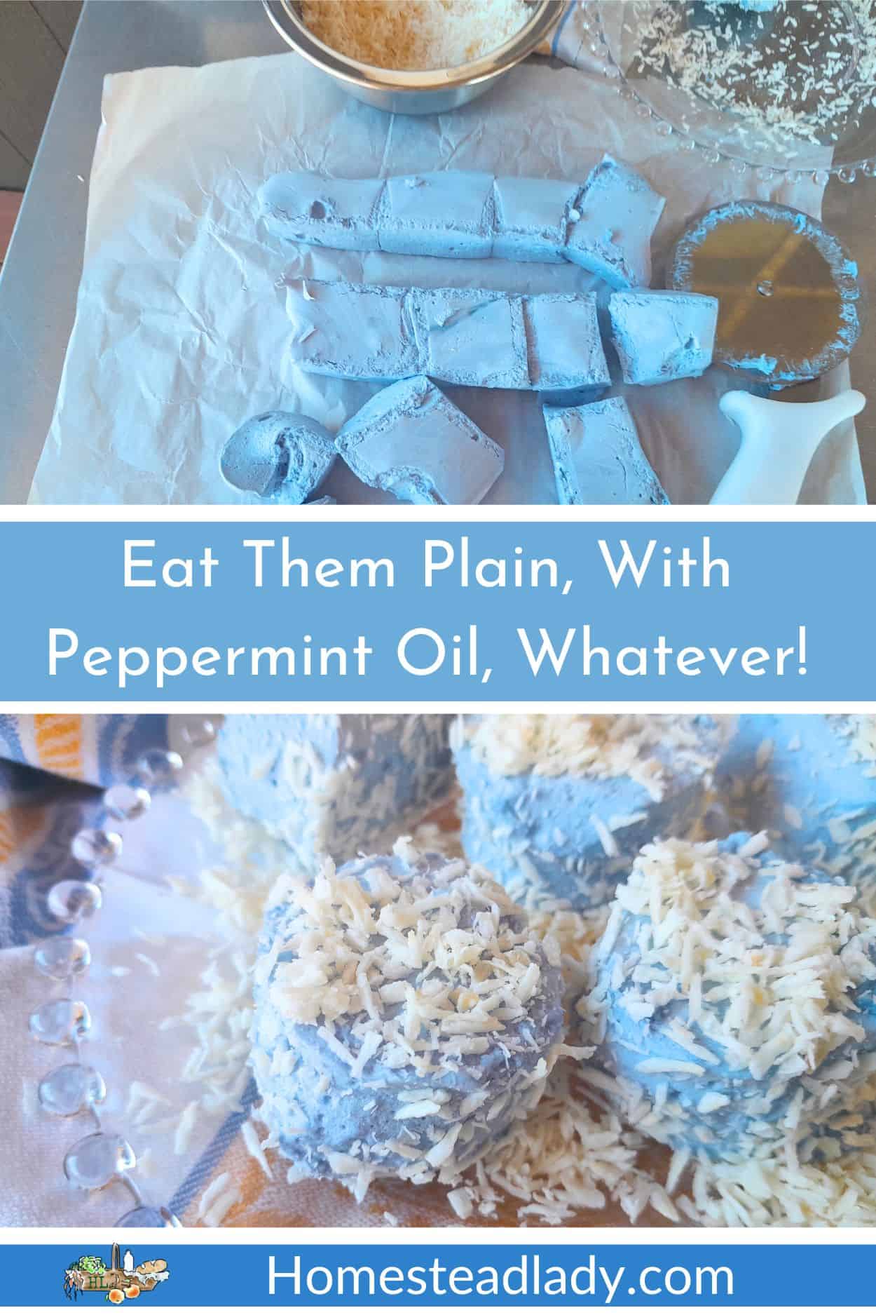 snowball marshmallows cut on a table with a pizza cutter; rolled in coconut on a glass plate