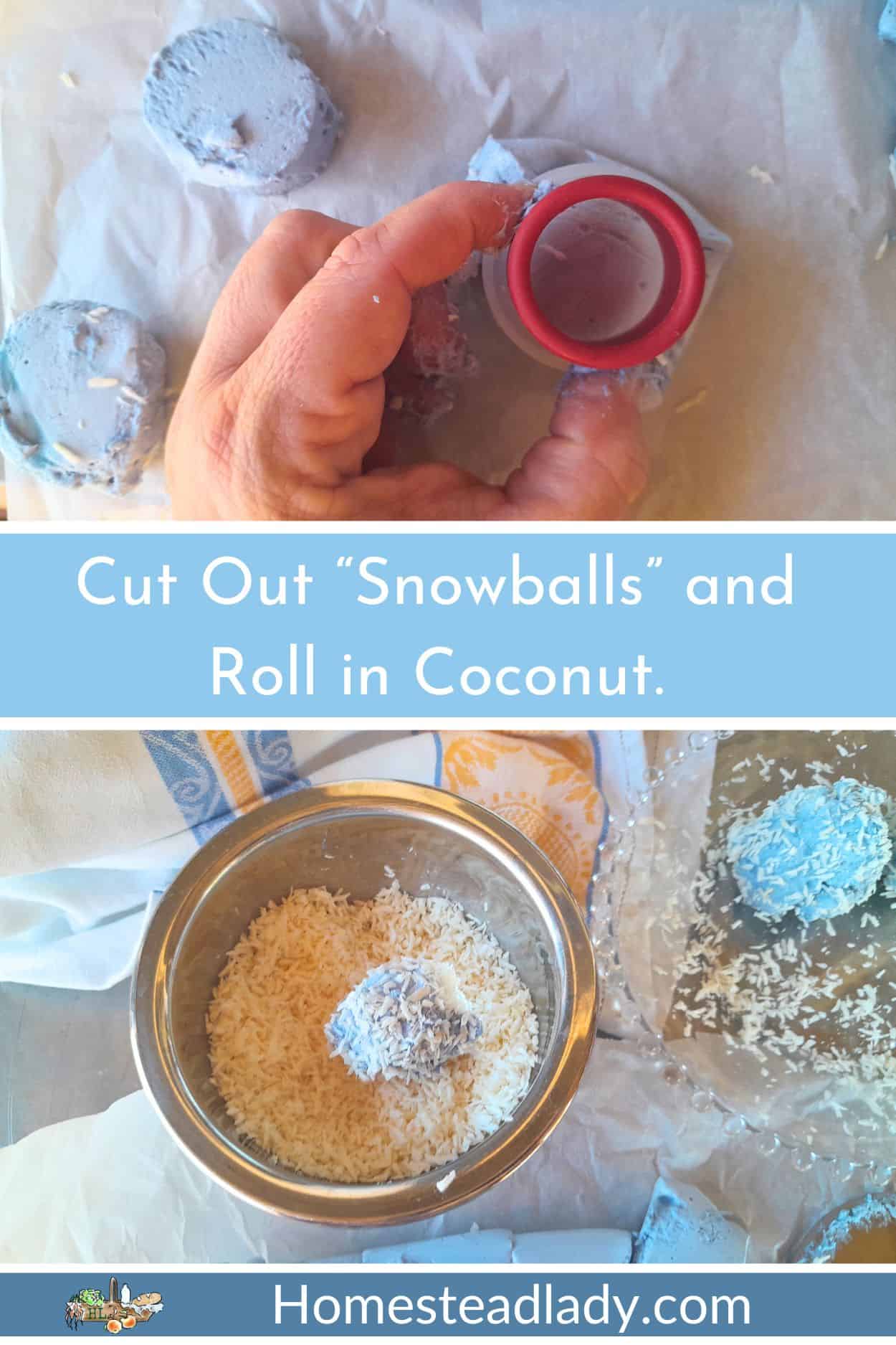 snowball marshmallows with blue plant dye being cut out and rolled in coconut flakes