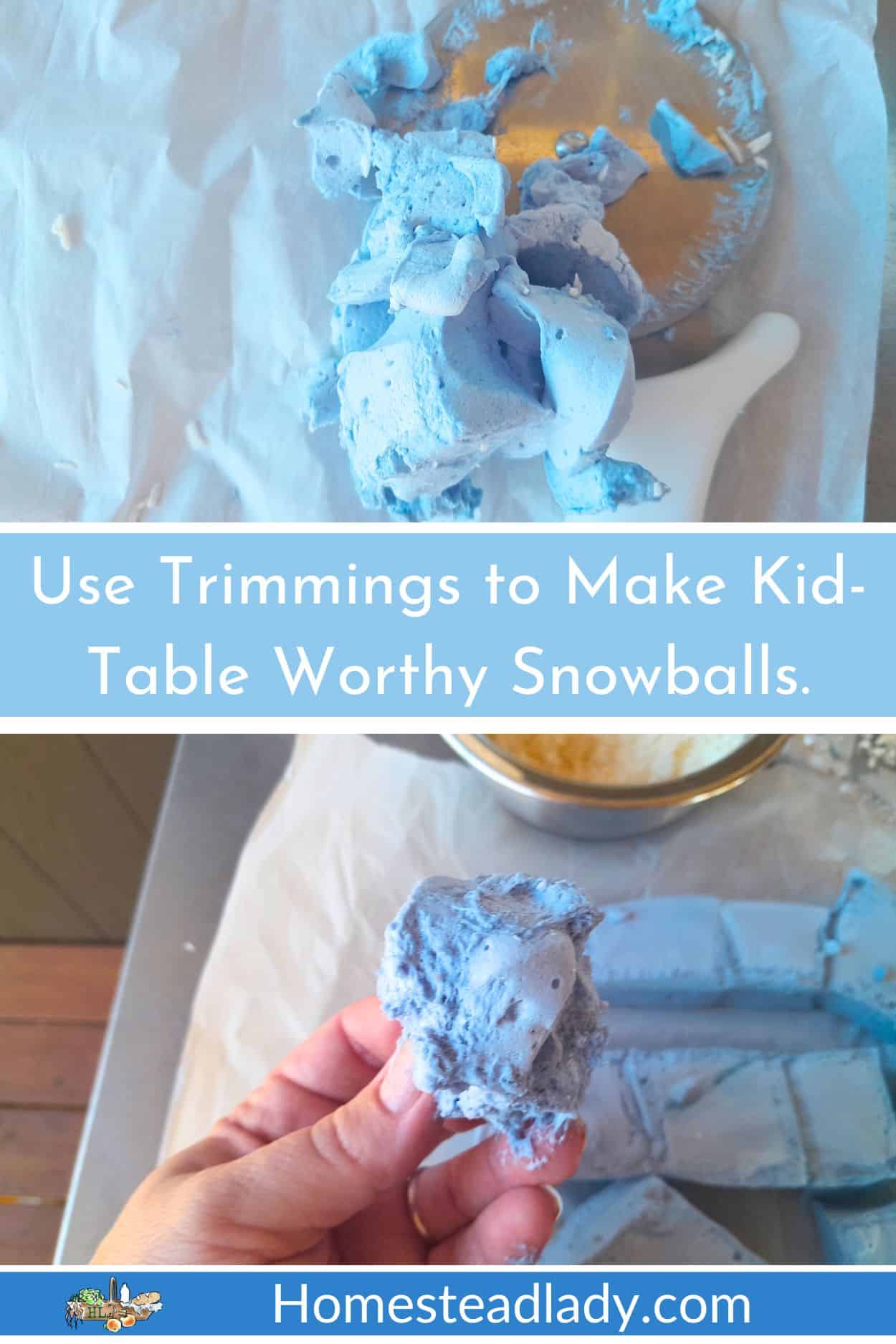 snowflake marshmallows with natural blue dye leftover trimmings and a plate and being shaped into snowballs