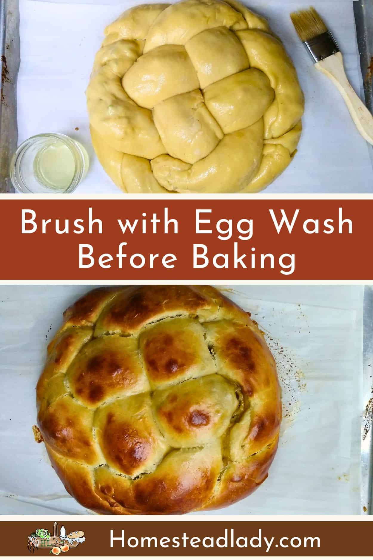 sourdough apple challah being brushed with egg wash and then baked