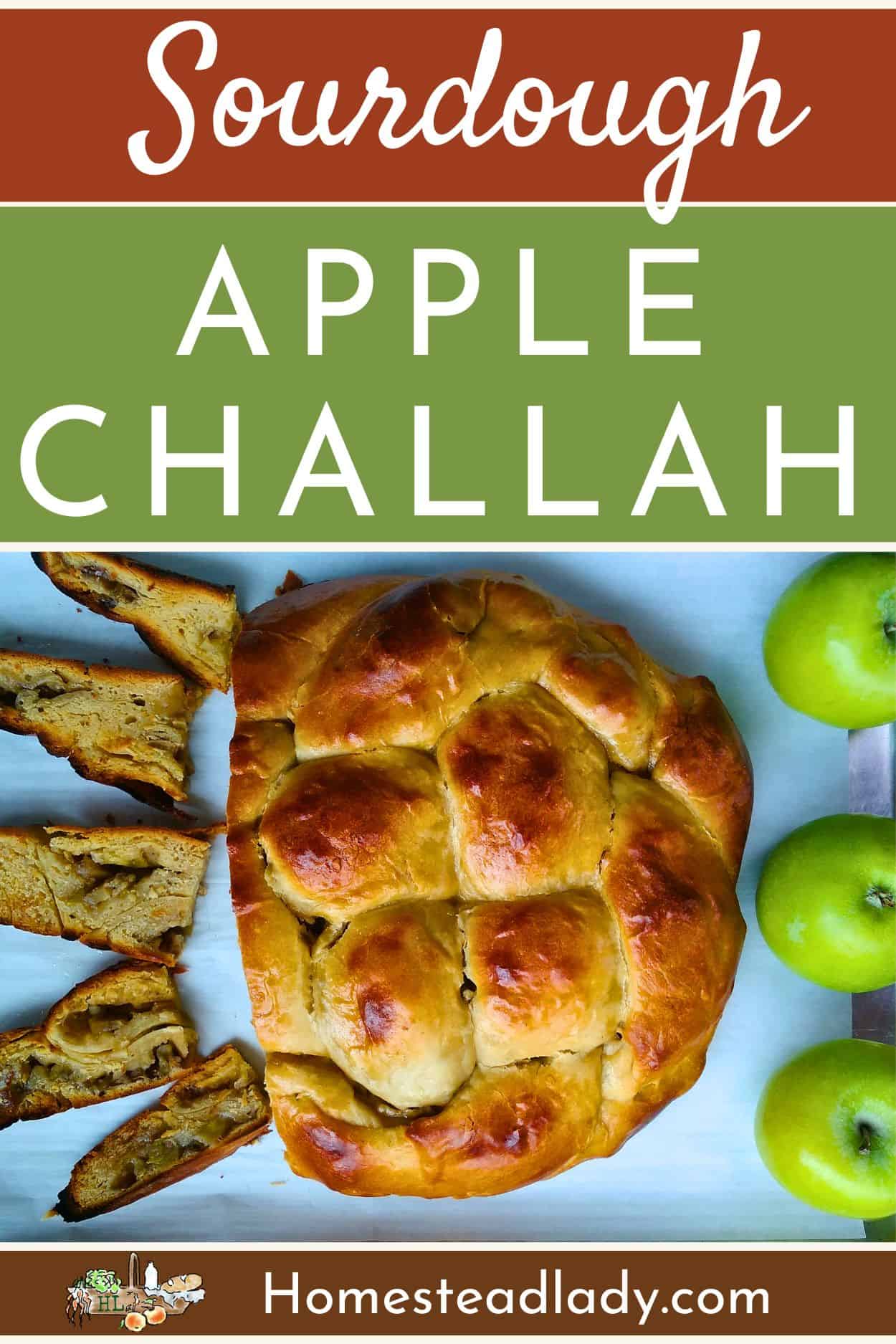 sourdough apple challah round loaf with apples on a tray