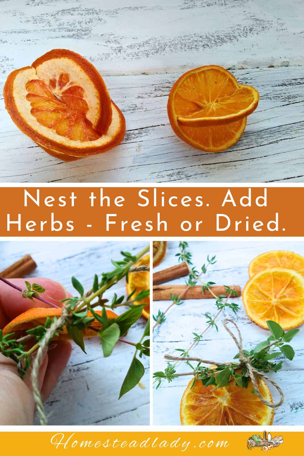 herb and citrus slice ornaments in various states of assembly