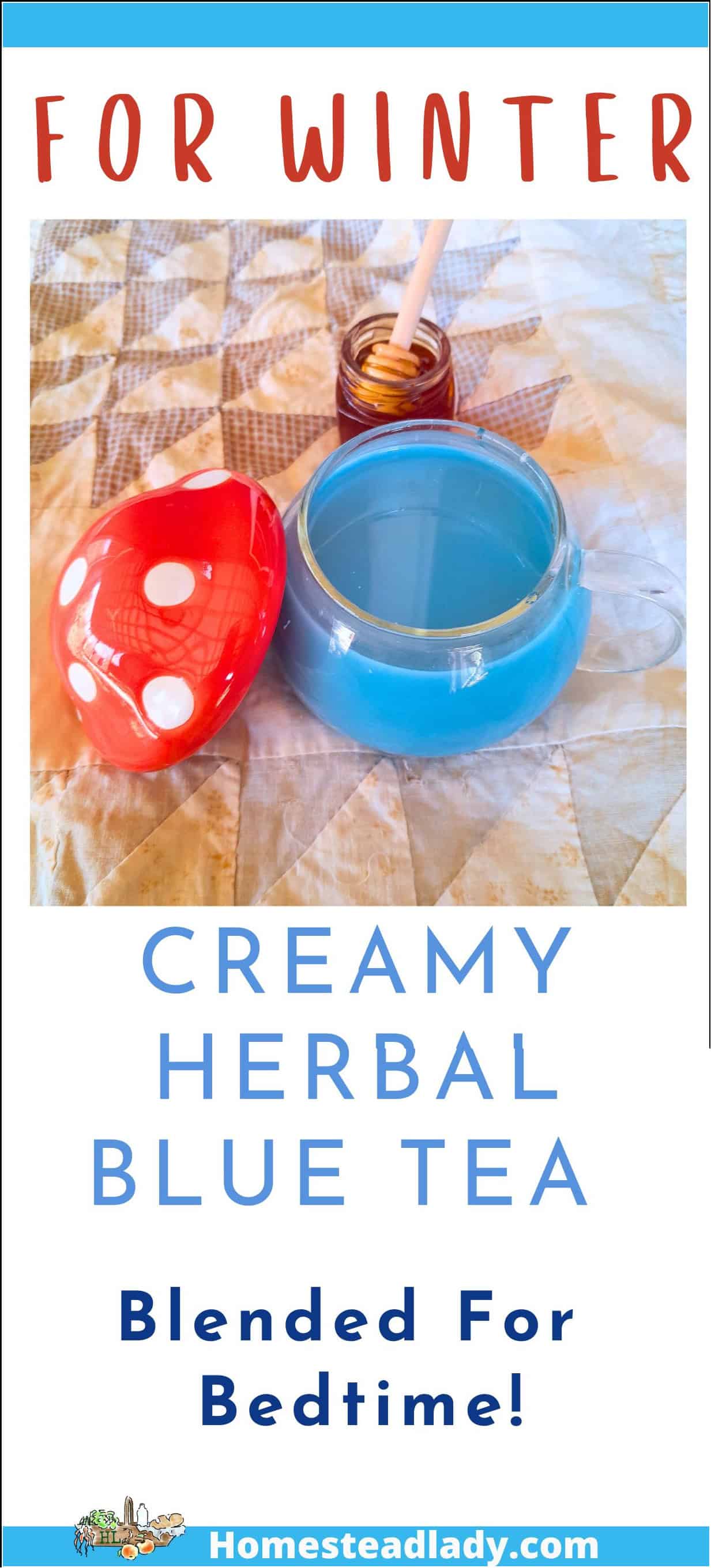 winter themed creamy blue tea in a cup with a red mushrom top