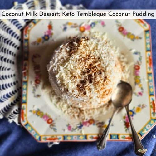 coconut milk dessert Puerto Rican tembleque on a plate and blue tablecloth