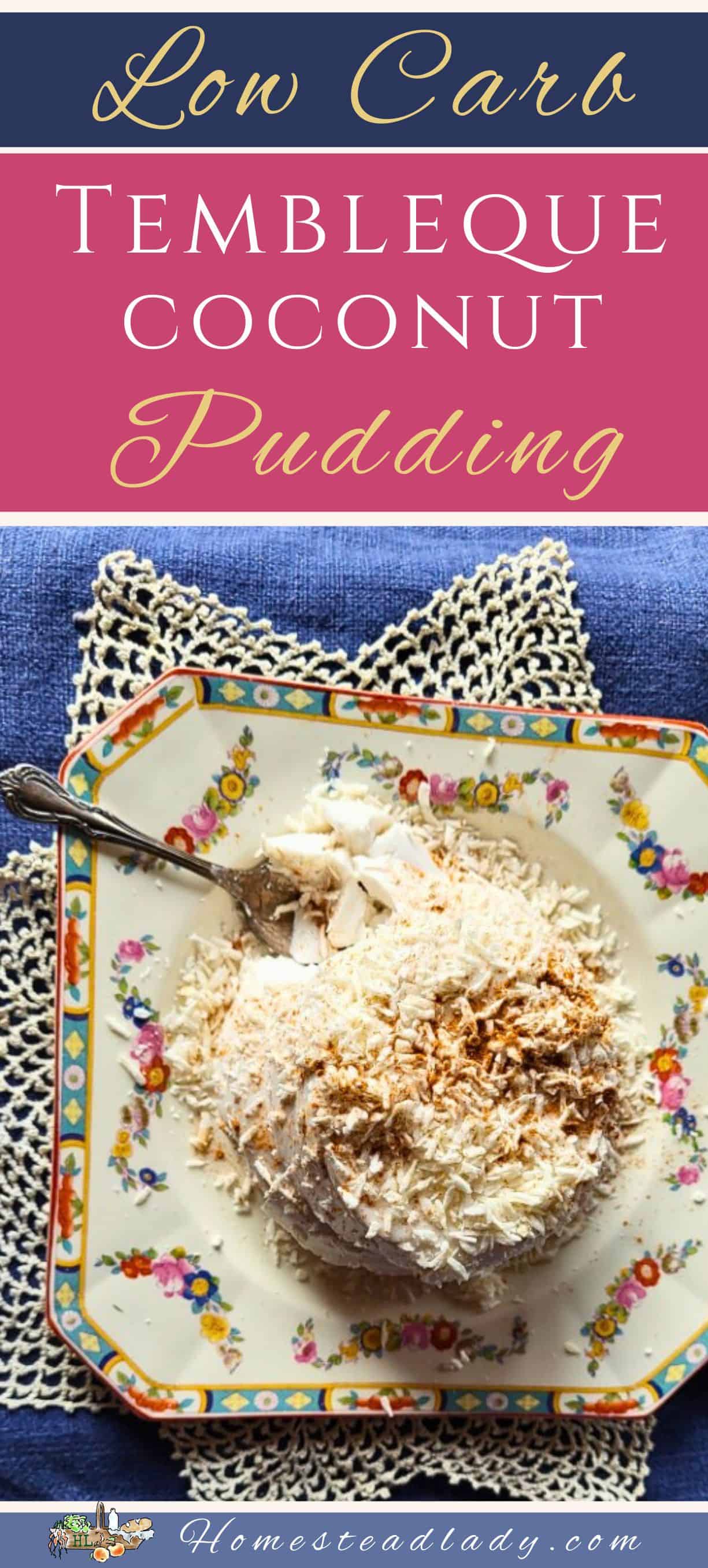 coconut milk dessert Puerto Rican tembleque on a plate and blue tablecloth