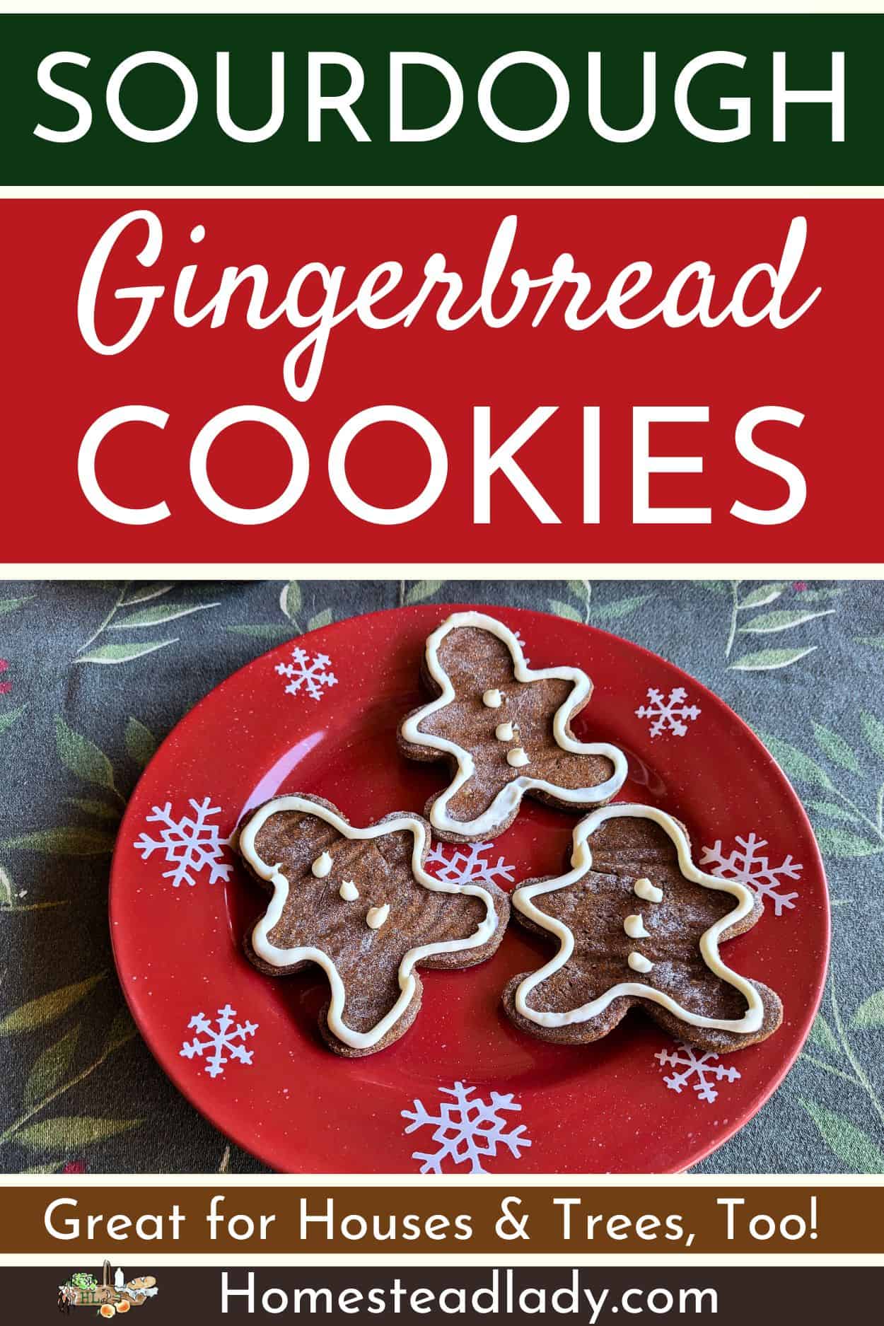 sourdough gingerbread cookies on a red plate with snowflakes