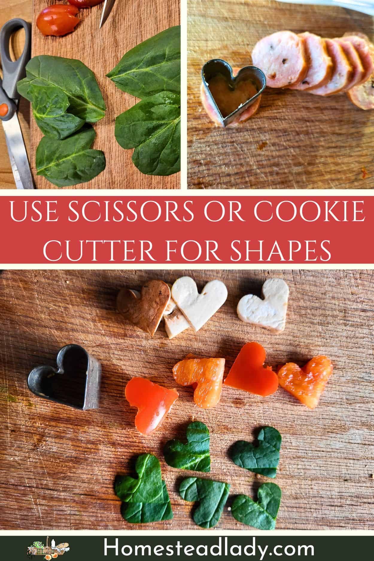 heart shaped veggies cut out with a cookie cutter for heart shaped pizza