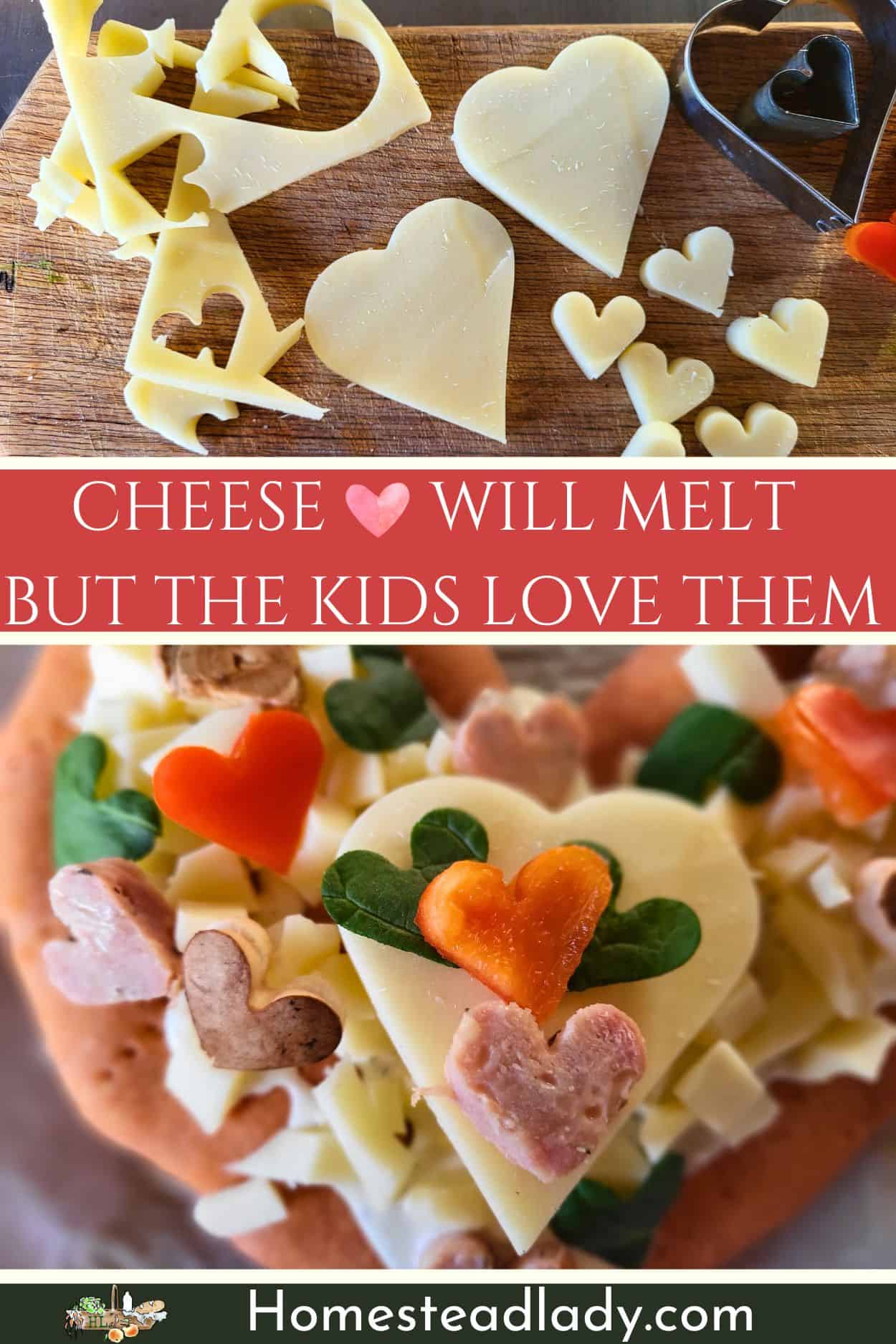 cheese and veggies cut out in heart shapes on a cutting board and on a heart shaped pizza