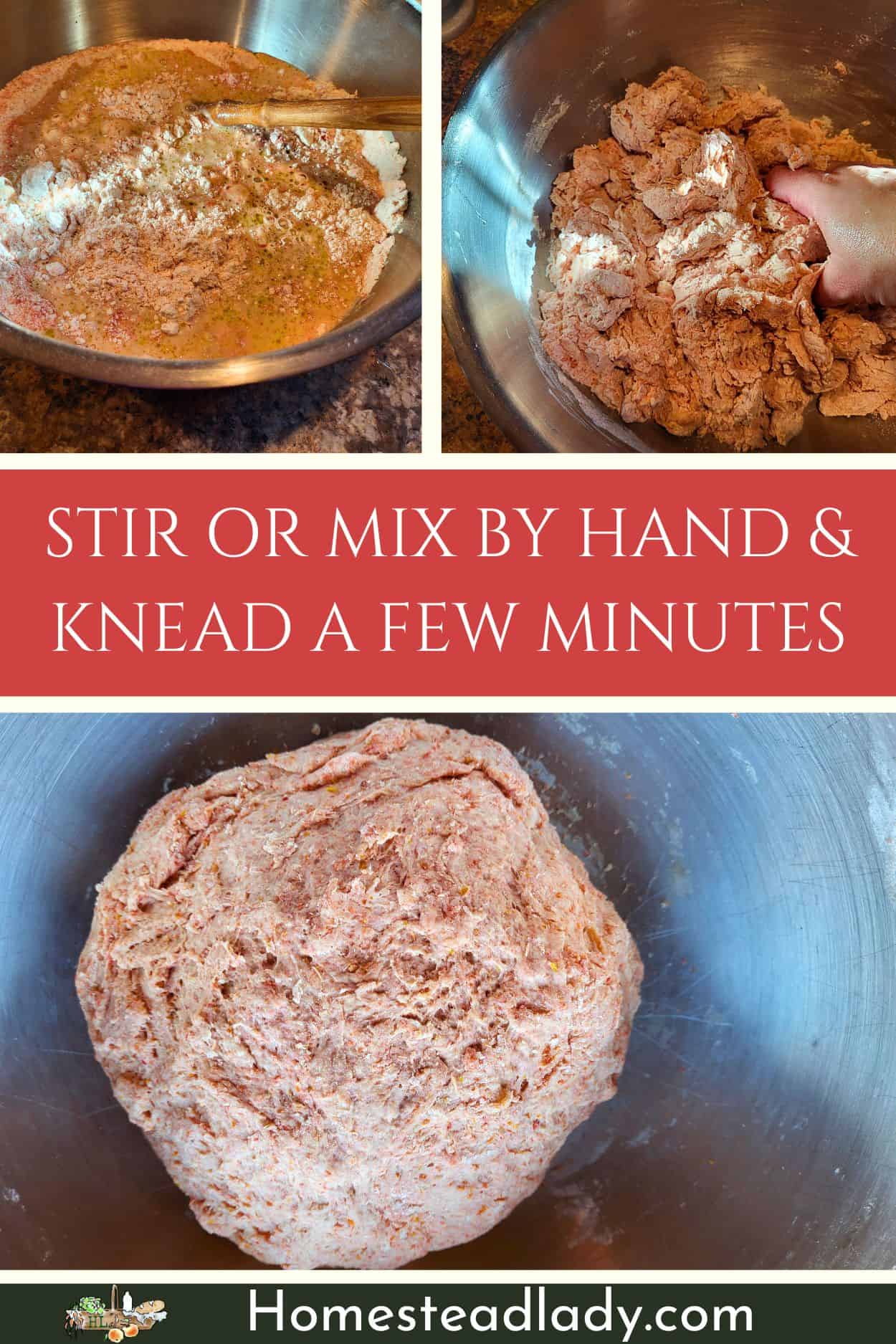 sourdough heart shaped pizza dough being mixed by hand in a bowl