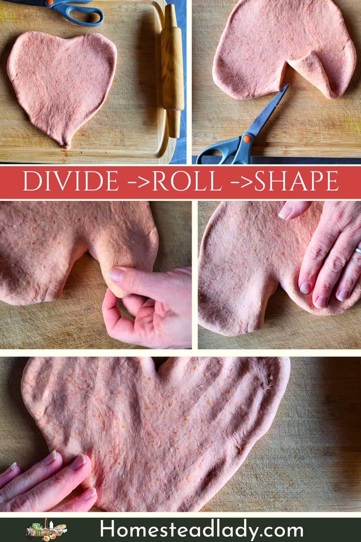 sourdough heart shaped pizza being shaped on a cutting board