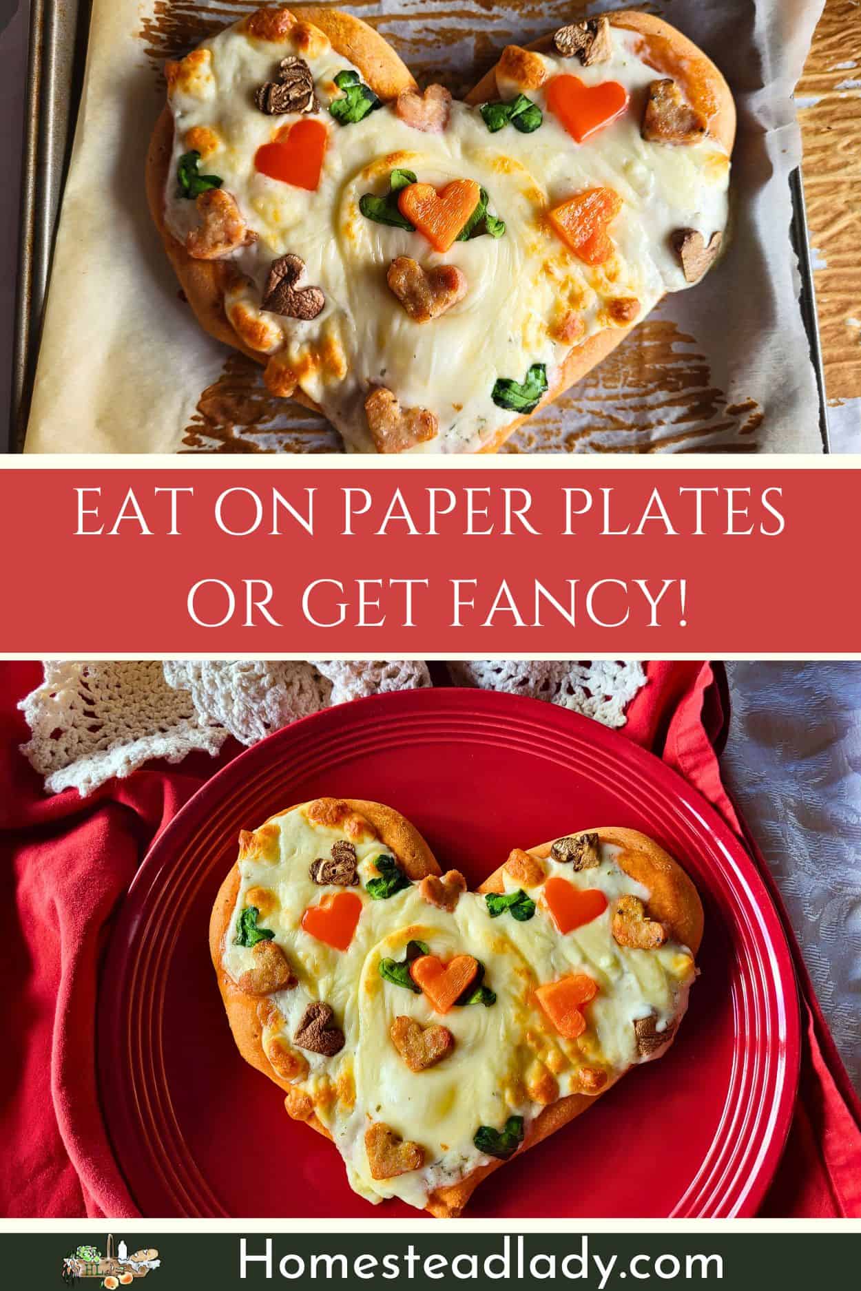 sourdough heart-shaped pizzas on paper and on a red plate
