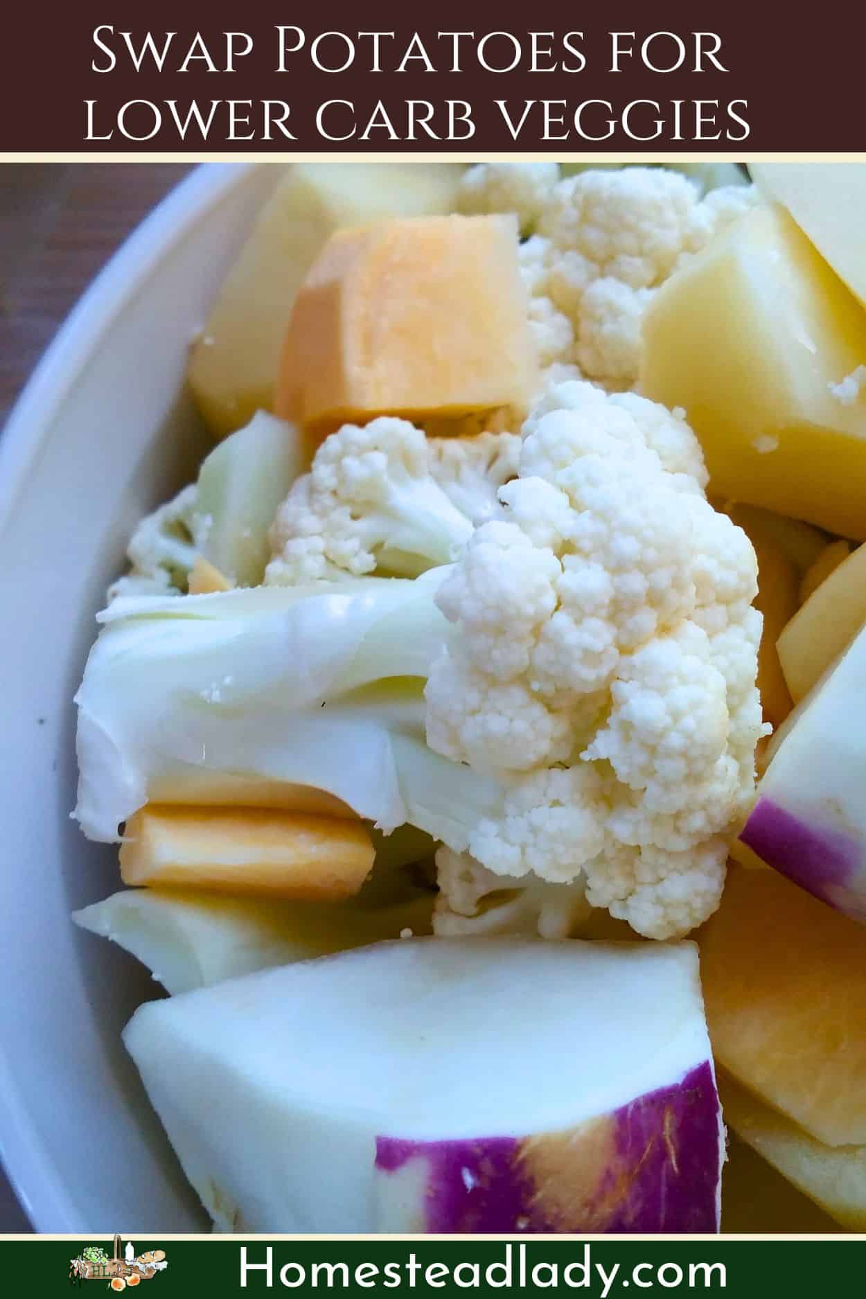 cauliflower, rutabaga, turnip cut up in a white dish