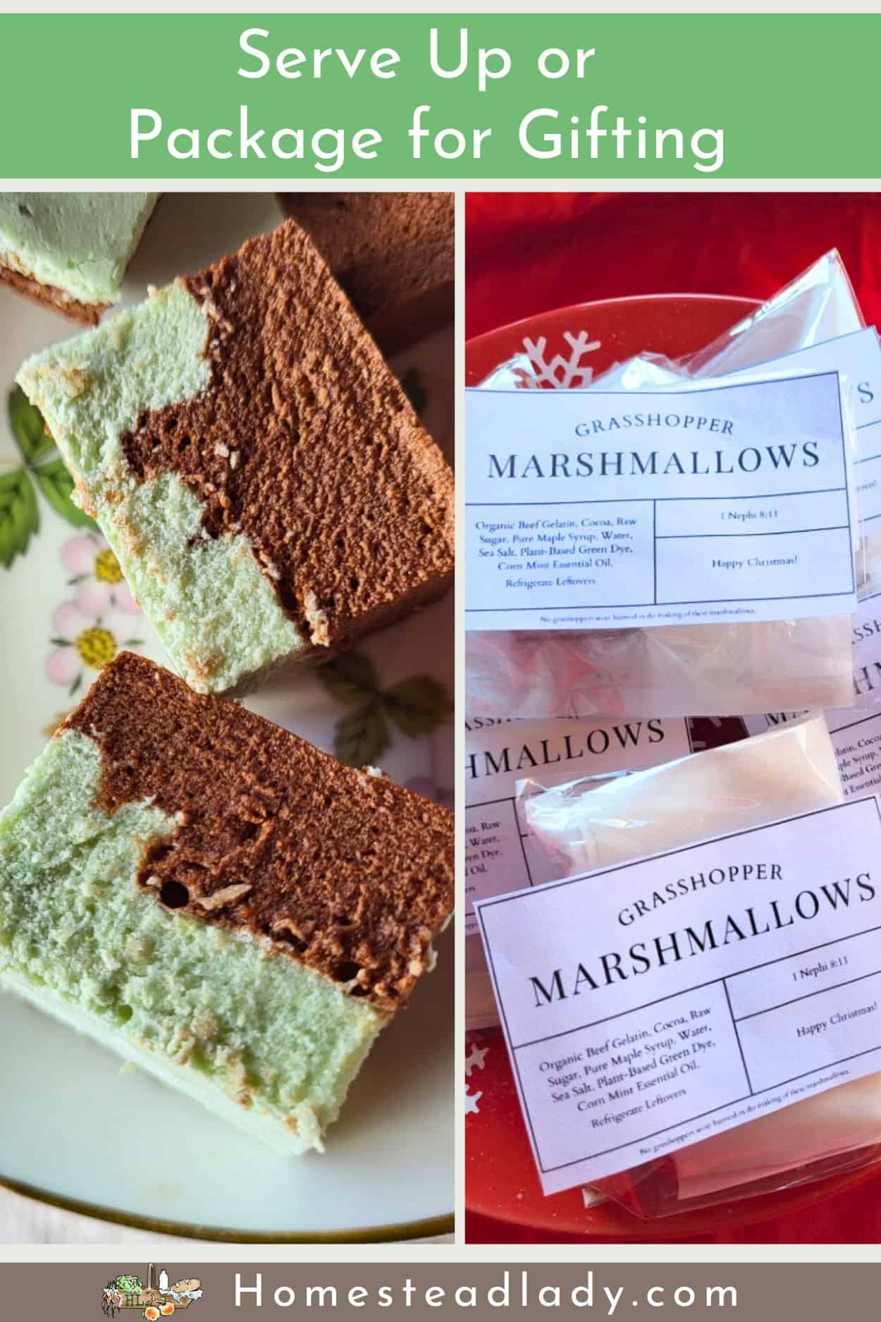 homemade peppermint marshmallows on a plate and packaged to give as gifts