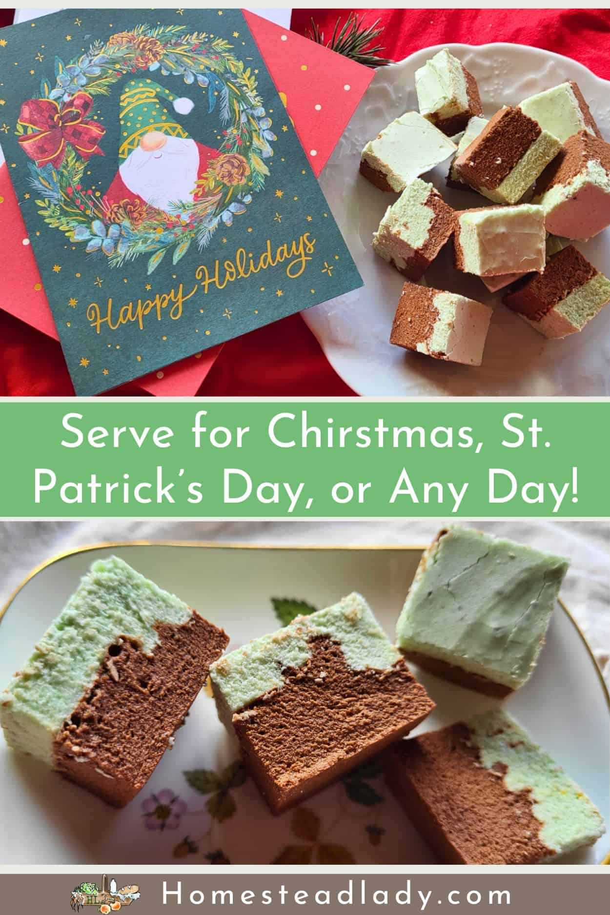 homemade peppermint marshmallows on plates for Christmas or St. Patrick's Day