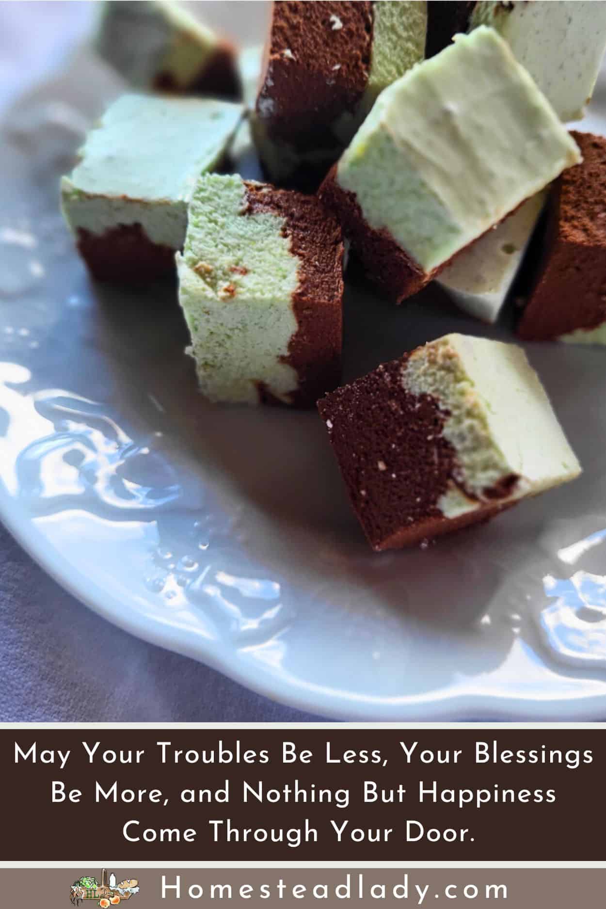 homemade peppermint marshmallows on a white plate with an Irish blessing text