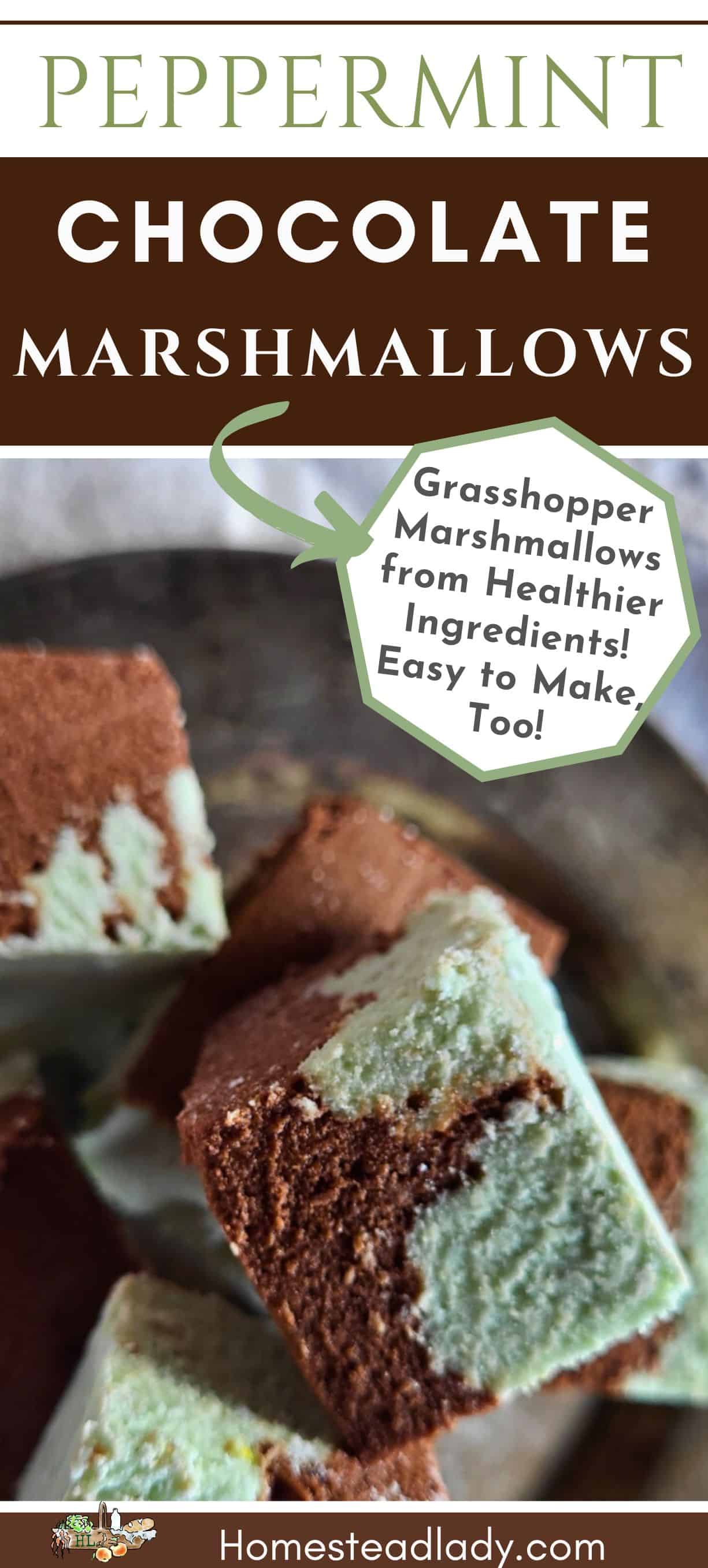 homemade peppermint marshmallows with chocolate on a metal plate