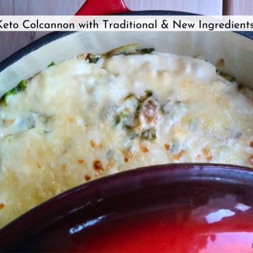keto colcannon in a red baking dish